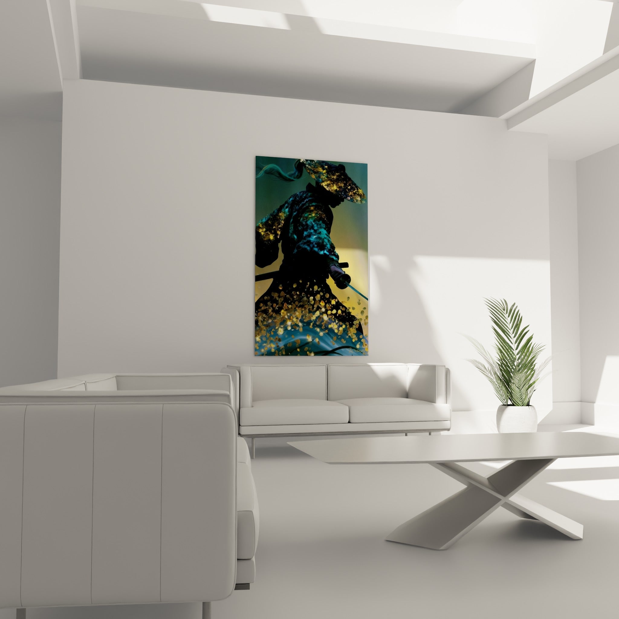 Samouraï sombre à la mèche turquoise et particules dorées, suspendu au-dessus d'un canapé dans un salon lumineux