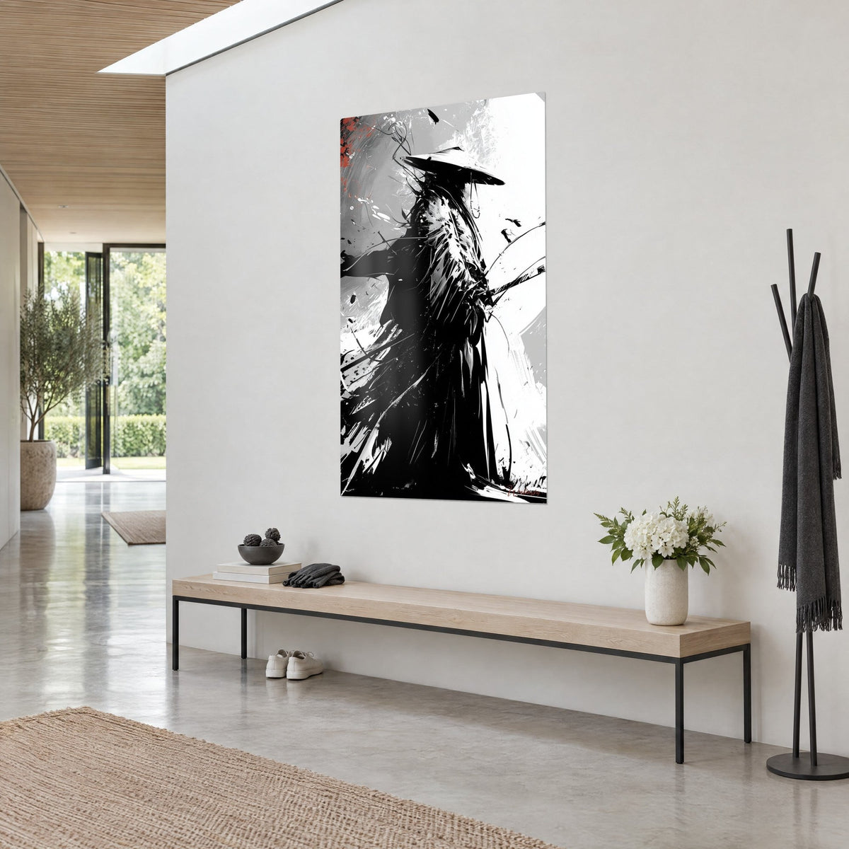 Wall art wandering warrior in black ink kimono on white and grey background, fierce brushstrokes, three-quarter view in a bright hallway