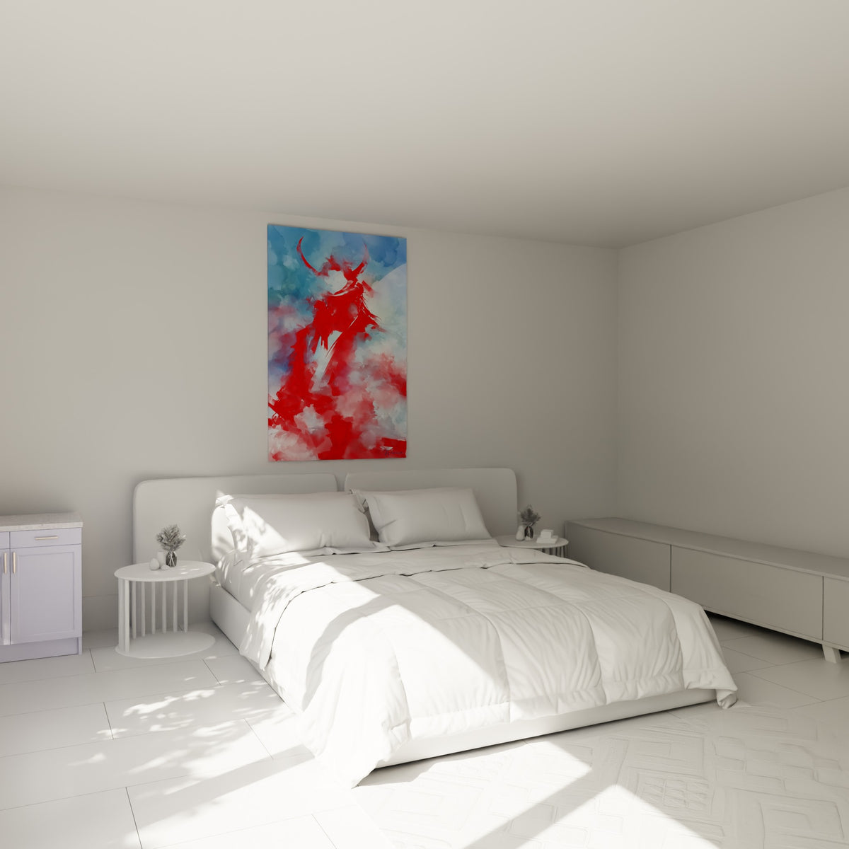 Casque cornu rouge sang sur fond bleu pastel, tableau samouraï au-dessus d'un lit dans une chambre claire