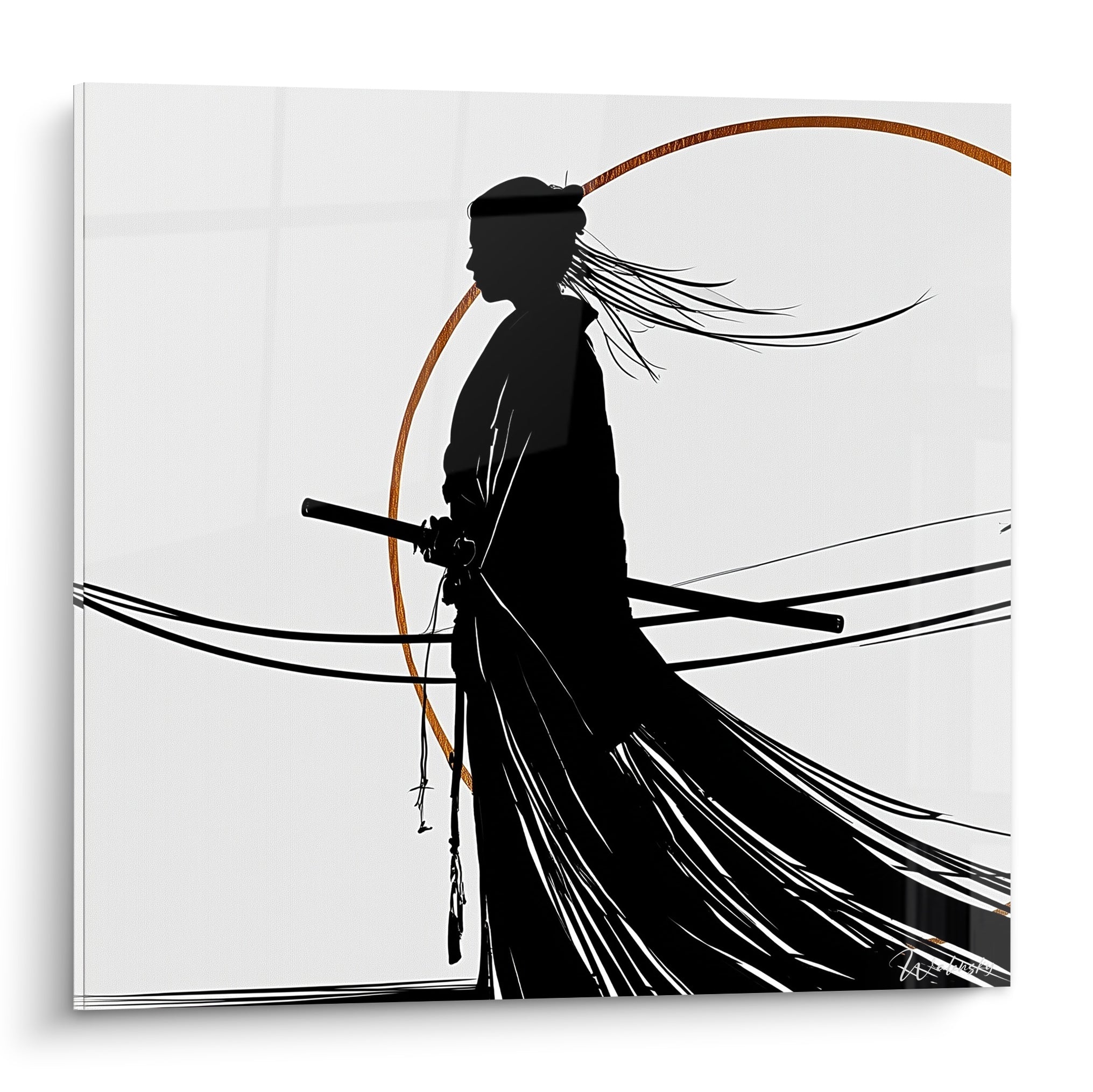 Samouraï en silhouette noire, sabre à la ceinture, cerclé d'un trait orangé sur fond blanc