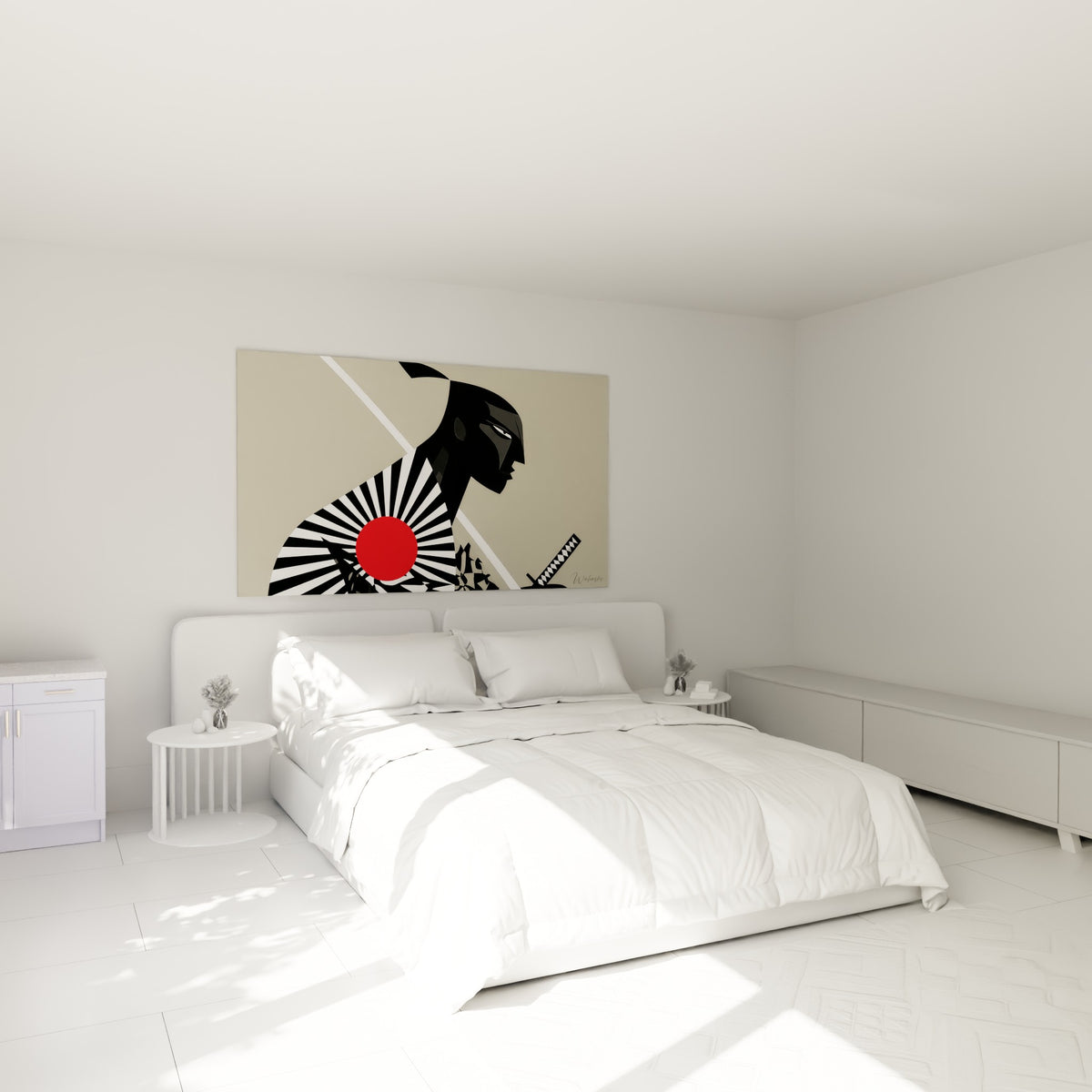 Guerrier Samouraï en noir et rouge suspendu au-dessus d'un lit dans une chambre claire
