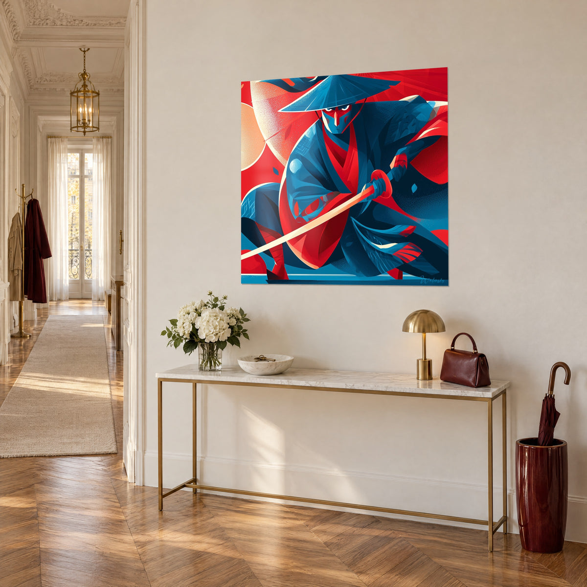 Tableau guerrier accroupi en kimono bleu nuit et rouge vif, lame crème en diagonale, console en laiton, appartement haussmannien