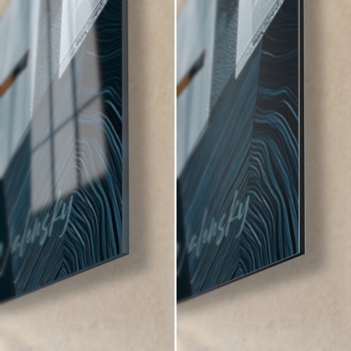 Wall art warrior in a midnight blue robe, bottom right corner: glossy glass on the left, matte blue and grey Dibond on the right, 3 mm edge