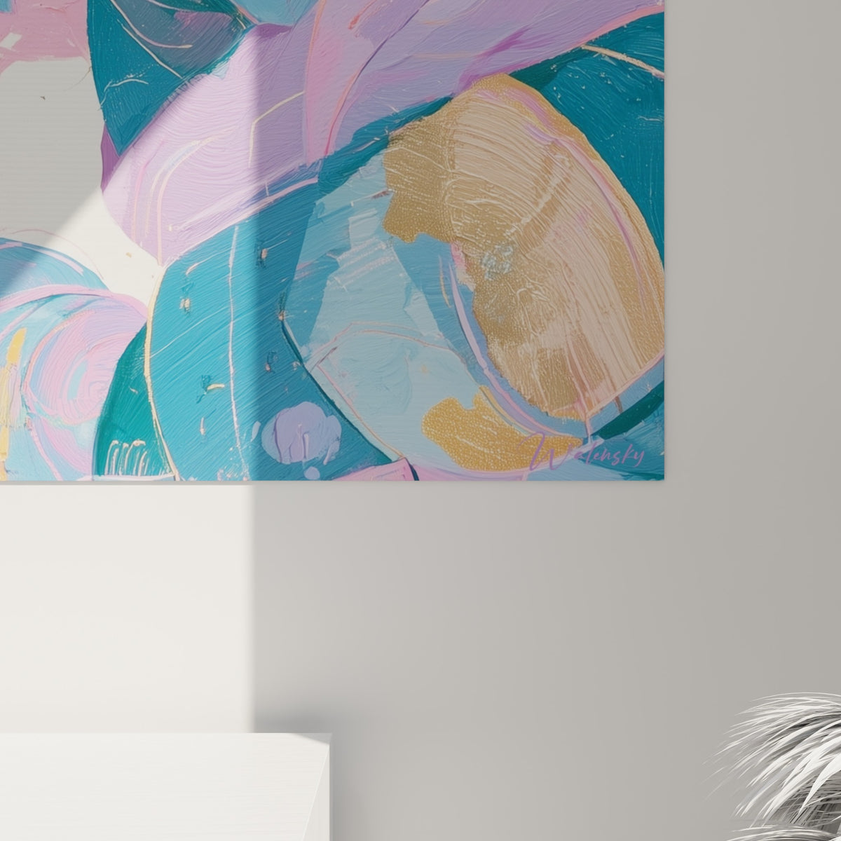 Matière picturale du tableau Samouraï, coulures roses et dorées sur bleu pétrole, texture épaisse visible de près