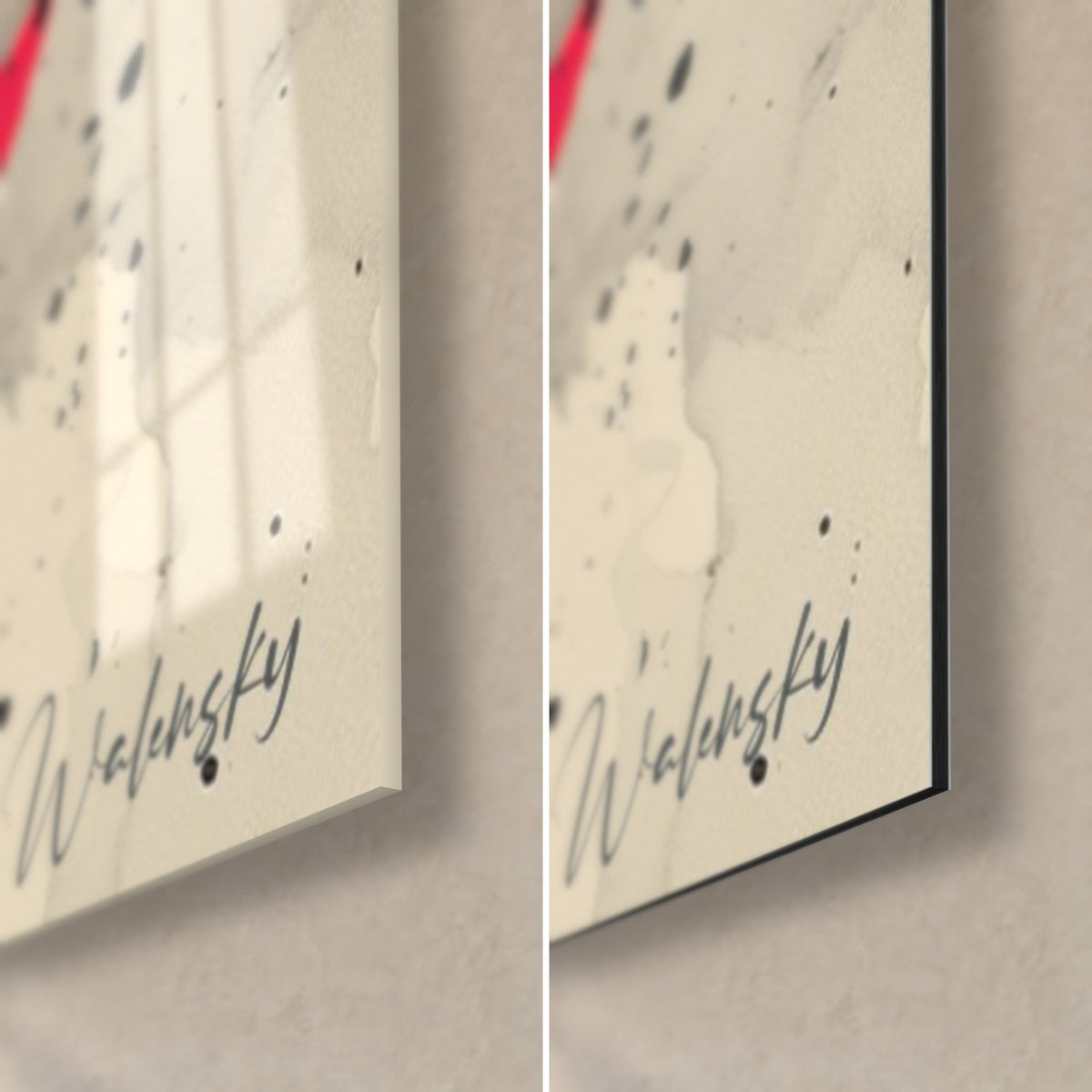 Tableau samouraï à l'encre noire et soleil rouge, coin bas droit : verre acrylique brillant et alu Dibond mat, tranche de 3 mm