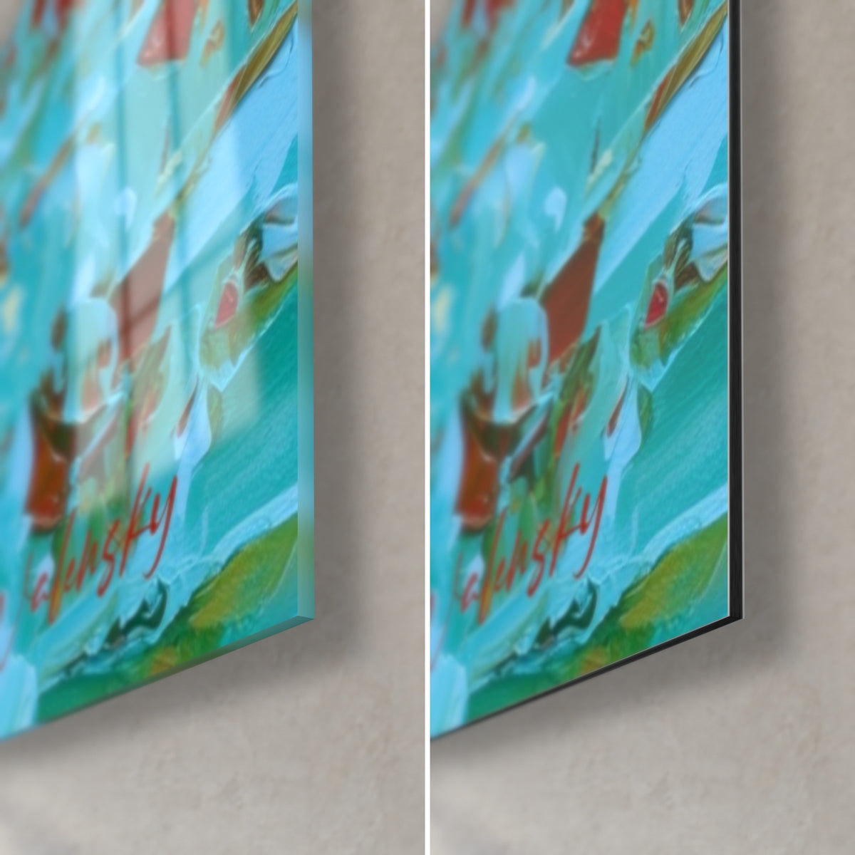 Tableau guerrier turquoise et blanc, coin bas droit, verre acrylique brillant aux reflets et alu Dibond mat, tranche de 3 mm