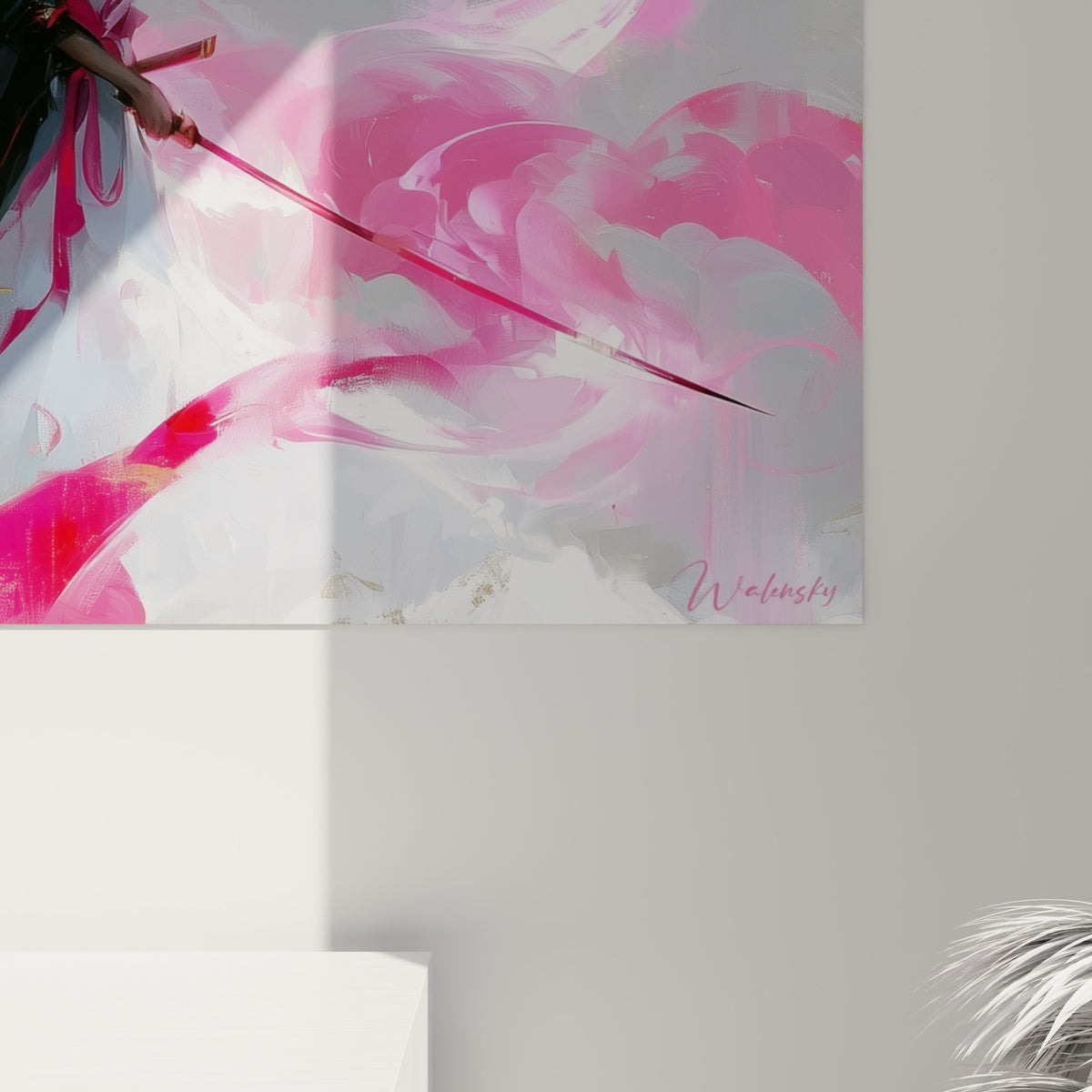 Empâtements roses et blancs autour du sabre du samouraï, matière picturale dense et coulures visibles