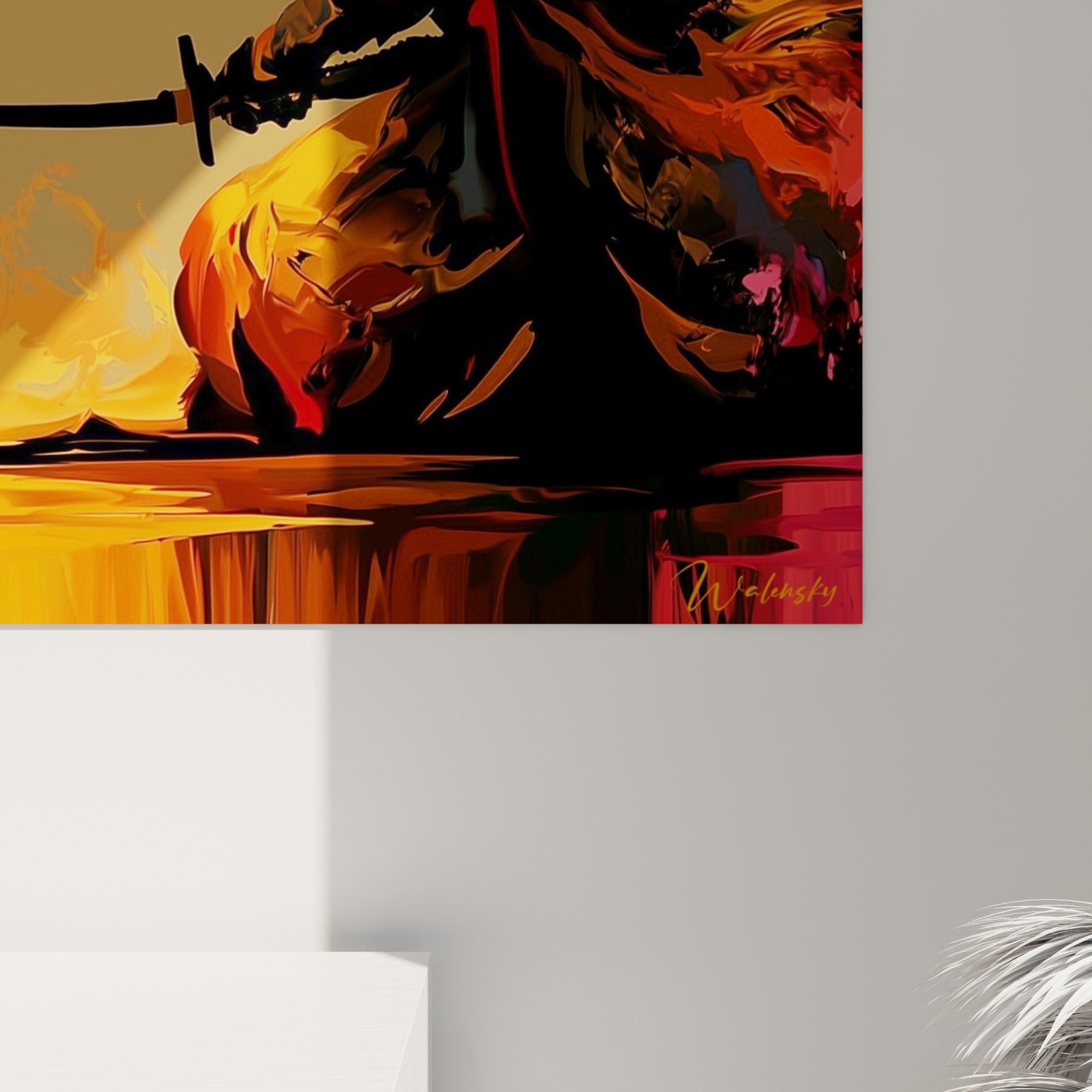 Empâtements orangés et coulures fauves autour de la lame noire du katana, matière picturale dense et texturée