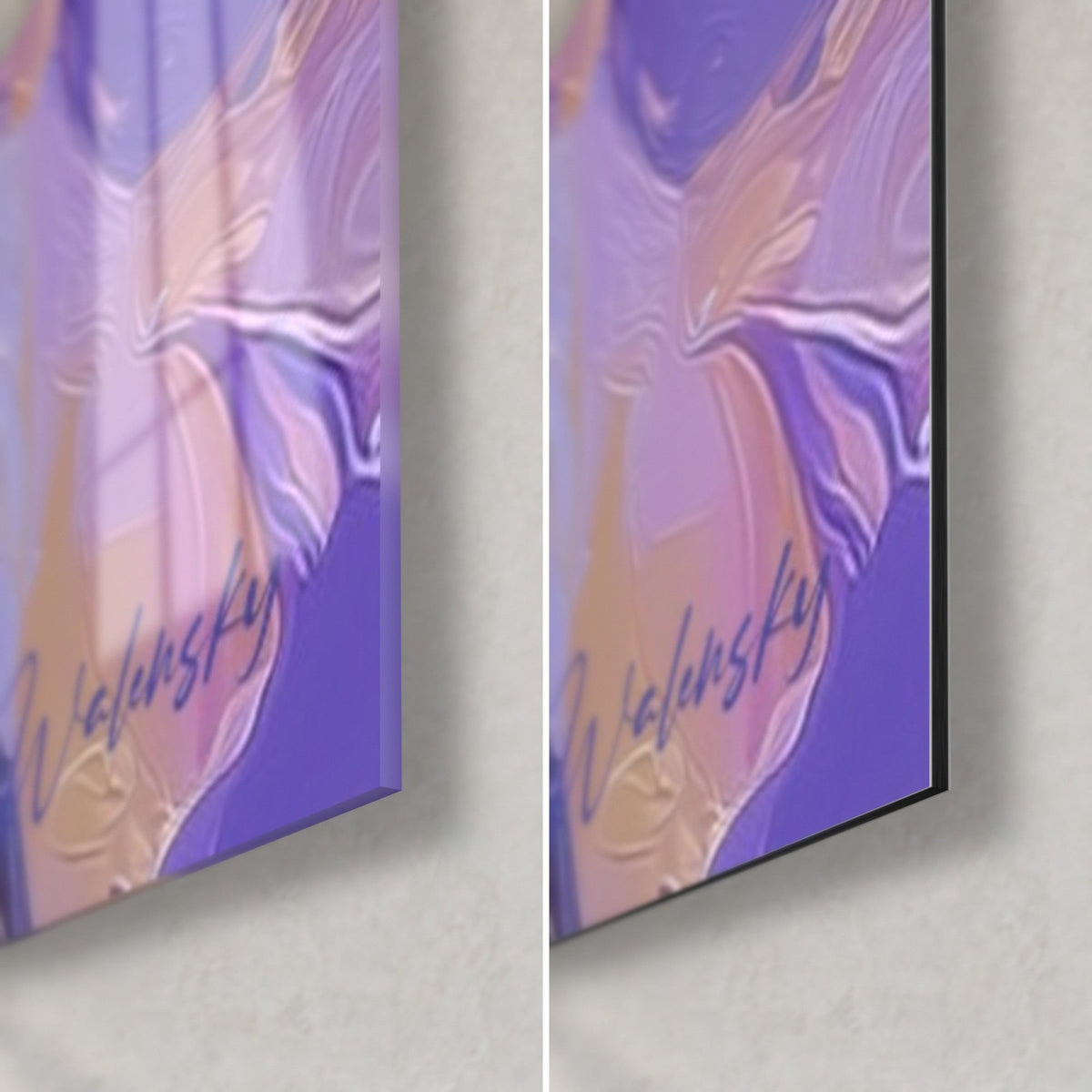 Wall art fighter in purple armor, gold Walensky signature, bottom right corner: glossy acrylic glass on the left, matte Dibond aluminum on the right