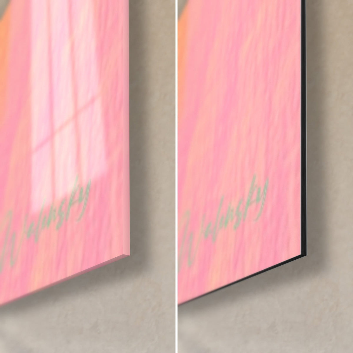Wall art pastel ronin, bottom right corner: glossy acrylic glass on the left, matte Dibond aluminum on the right, pink and yellow, 3 mm edge