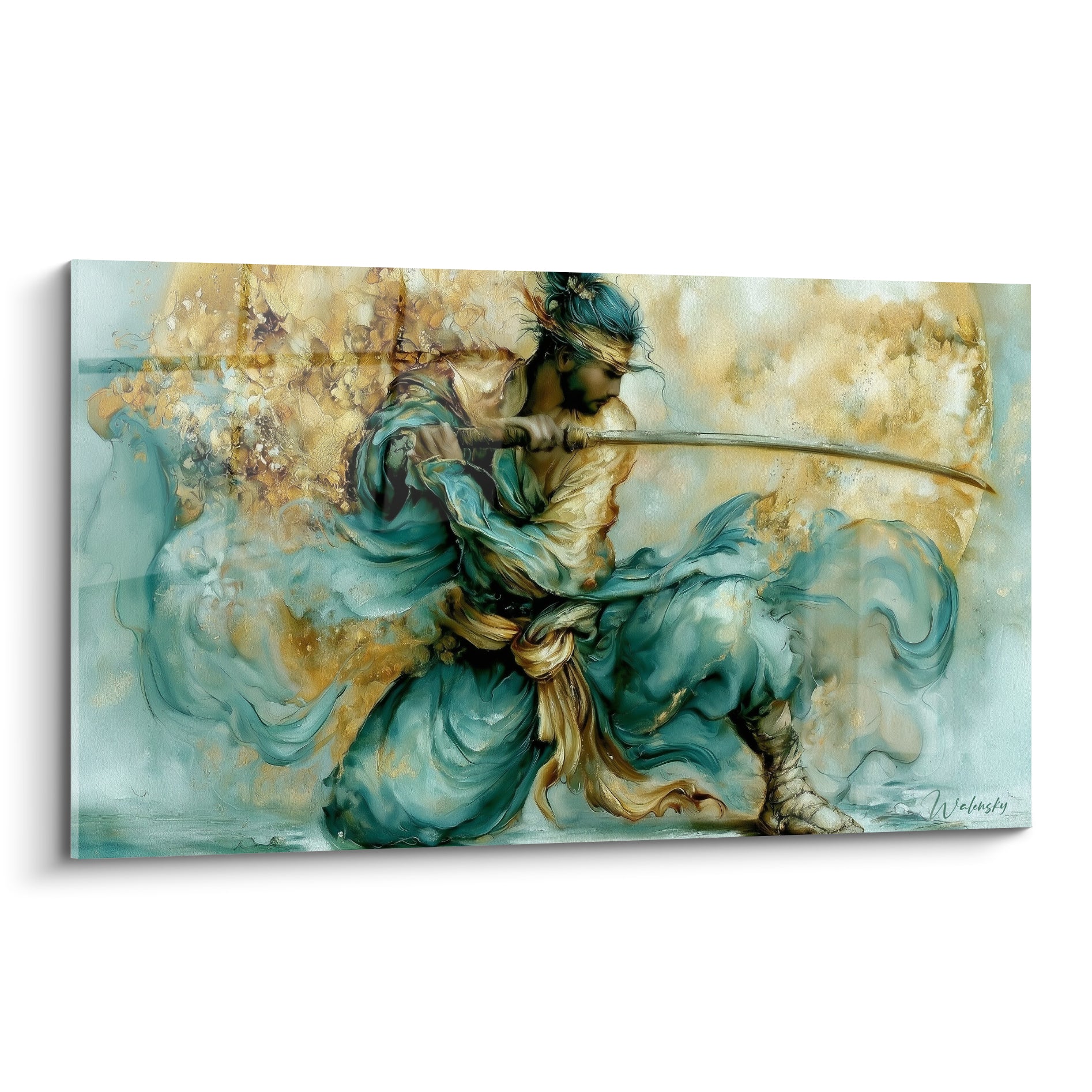 Samouraï accroupi katana tendu, robe turquoise et fond doré, traitement en aquarelle fluide.