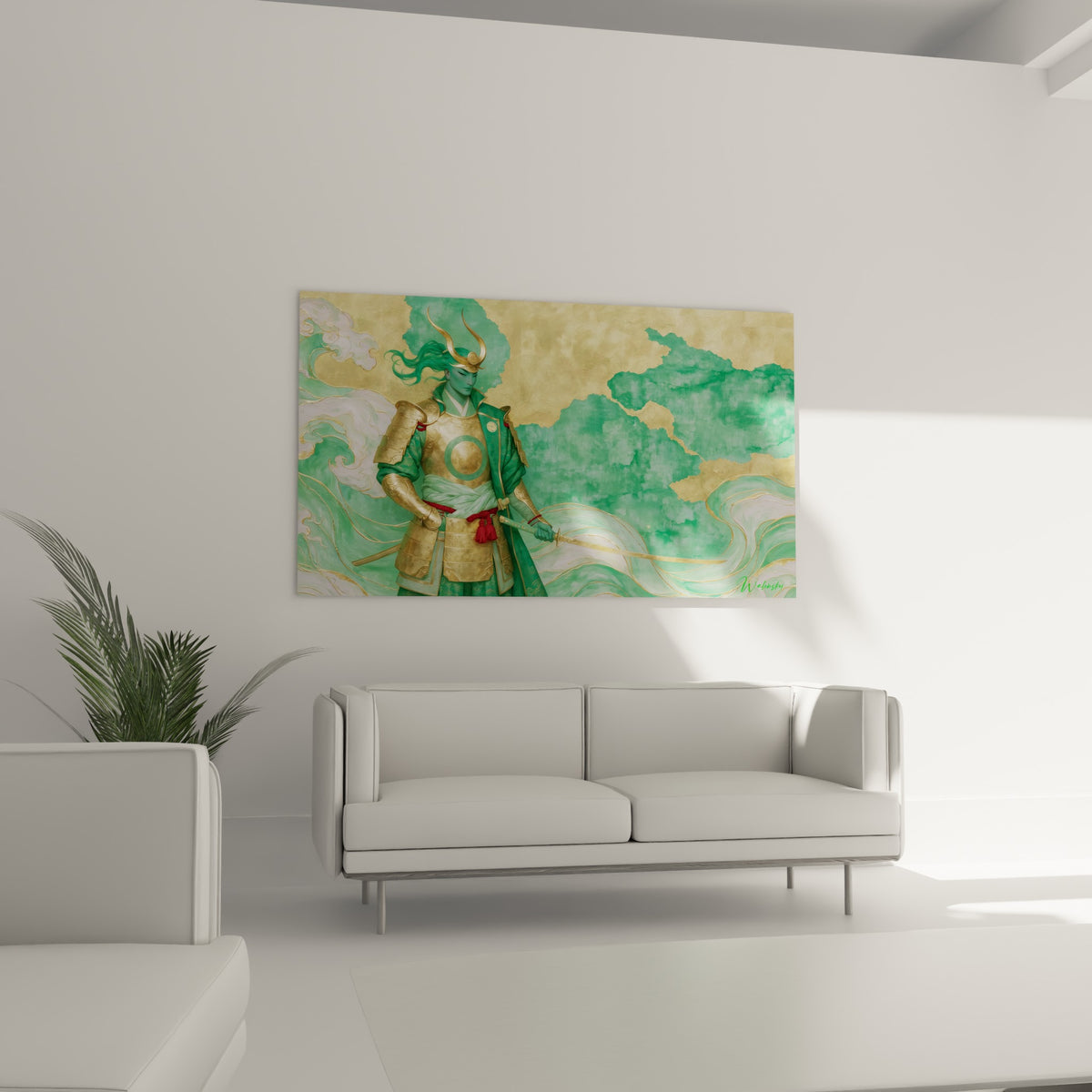 Katana tenu par un samouraï à la peau turquoise et armure dorée, au-dessus d'un canapé dans un salon lumineux
