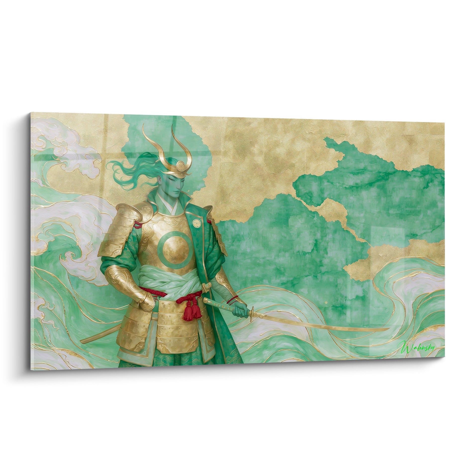 Samouraï vert émeraude et armure dorée, katana en main devant des vagues blanches ondulantes