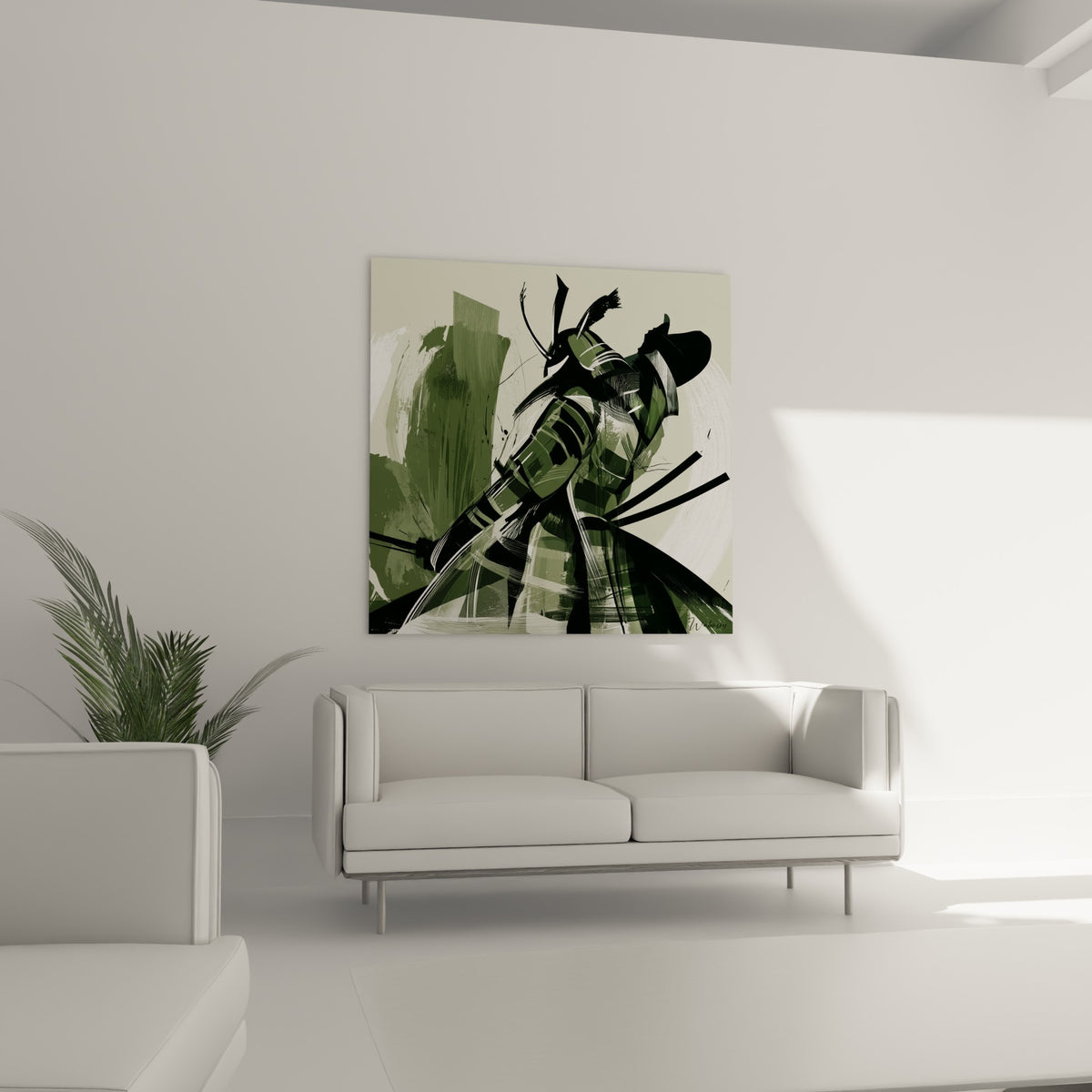 Samouraï en plein élan, tons vert olive et anthracite, au-dessus d'un canapé dans un salon lumineux