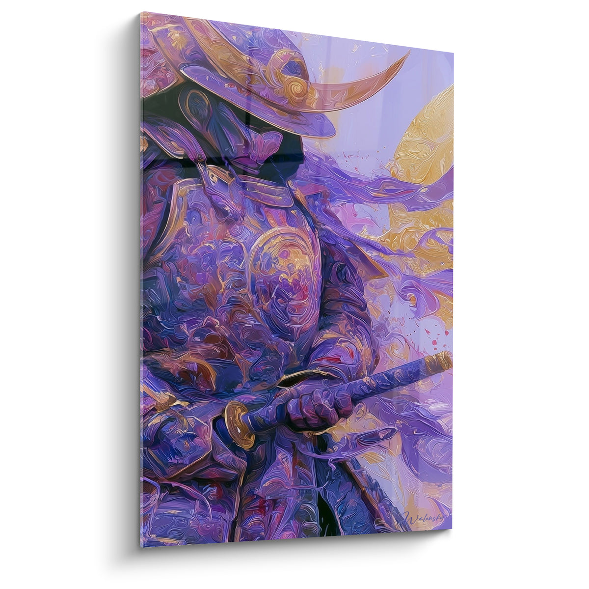 Samouraï en armure violette et dorée tenant un katana, peinture tourbillonnante au casque orné.