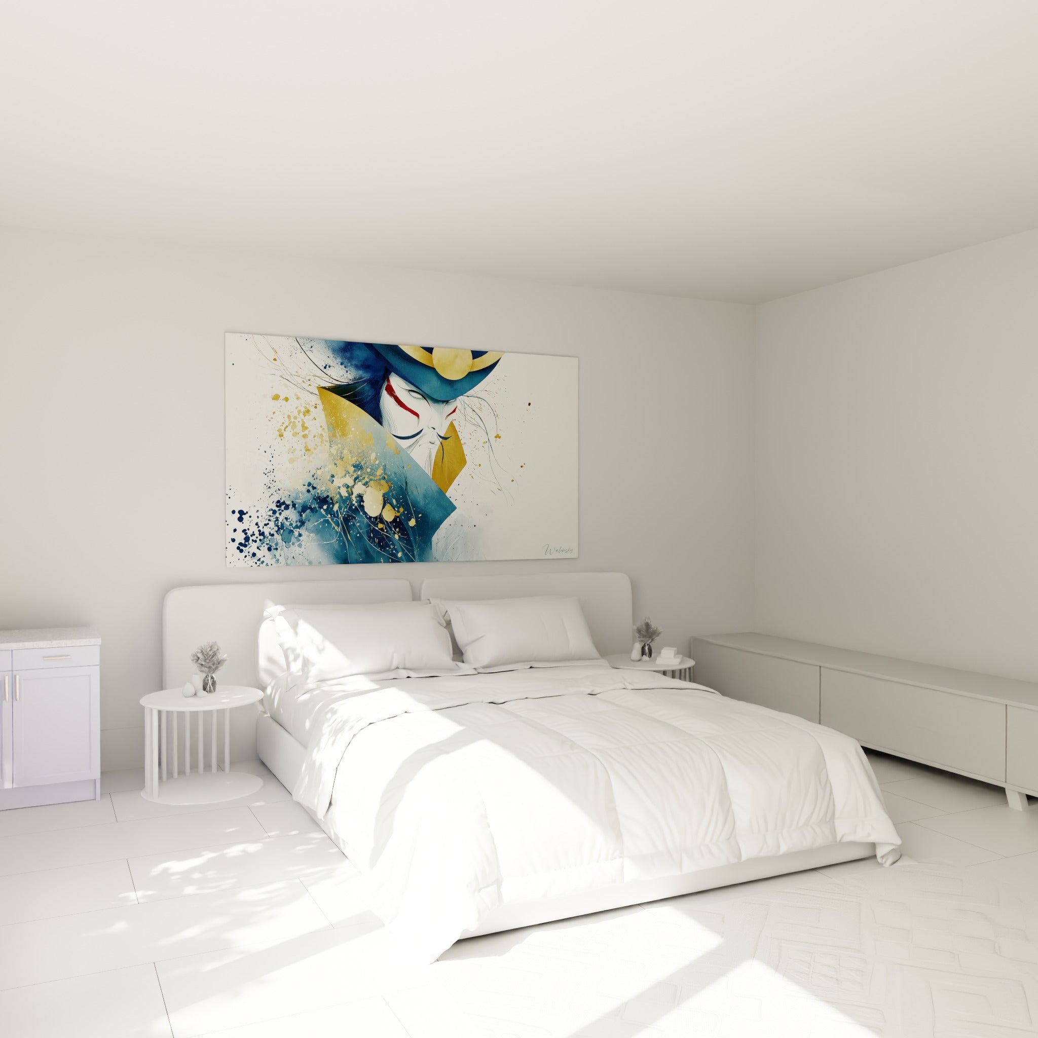 Guerrier japonais aux teintes bleu marine et doré, tableau accroché au-dessus d'un lit dans une chambre claire