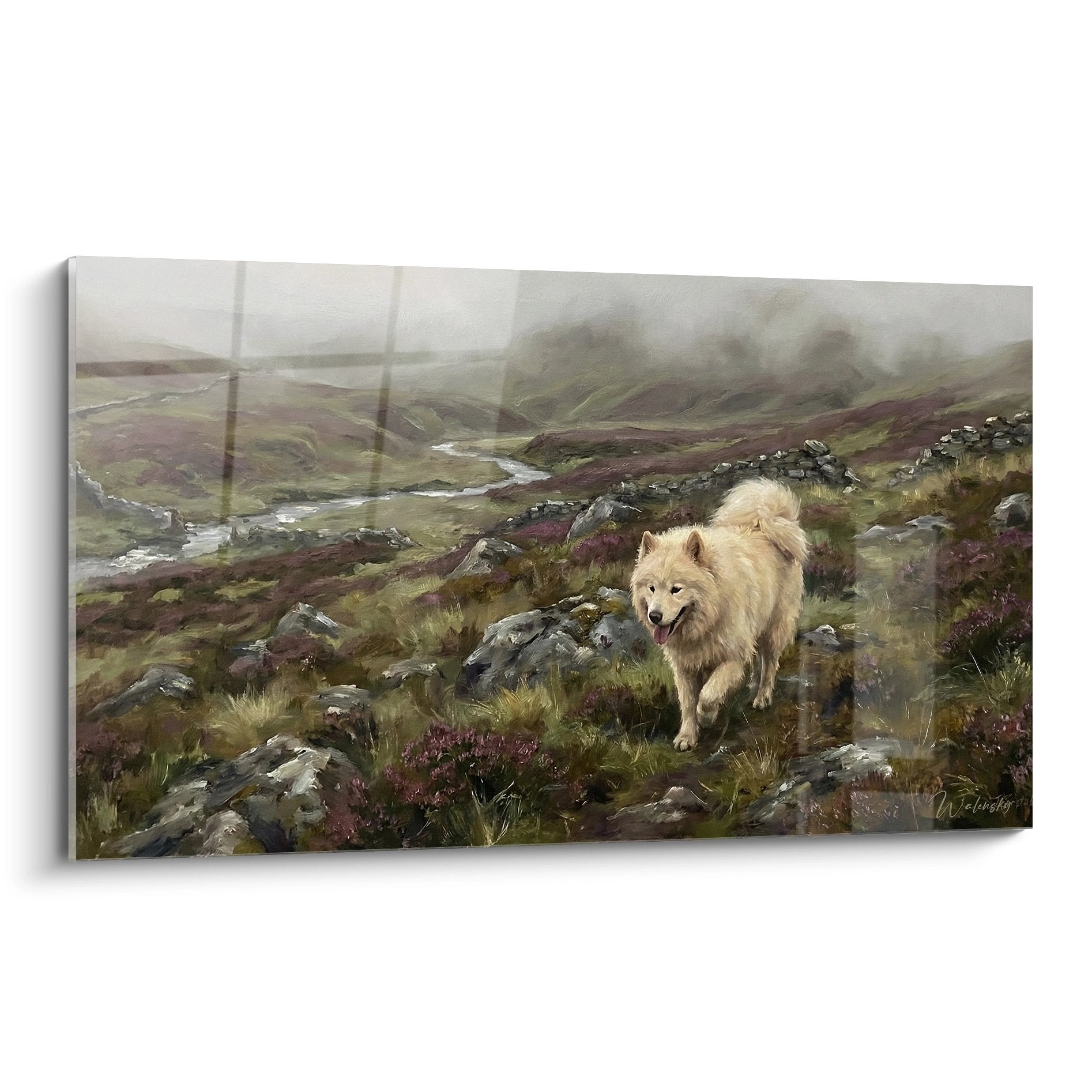 tableau samoyed blanc dans lande brumeuse tons violets bruns paysage nordique art animalier realiste