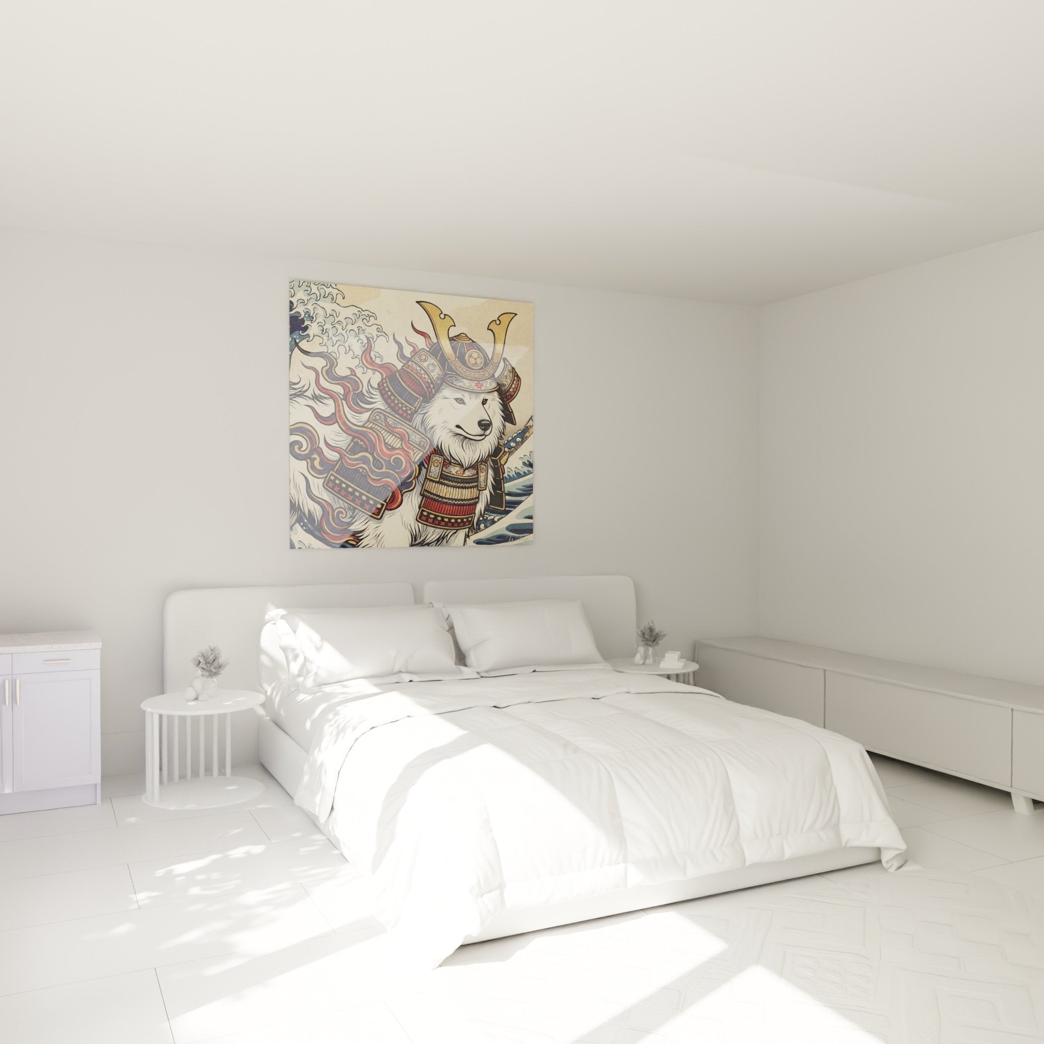Samoyède guerrier japonais en armure traditionnelle cuivrée affiché dans chambre moderne