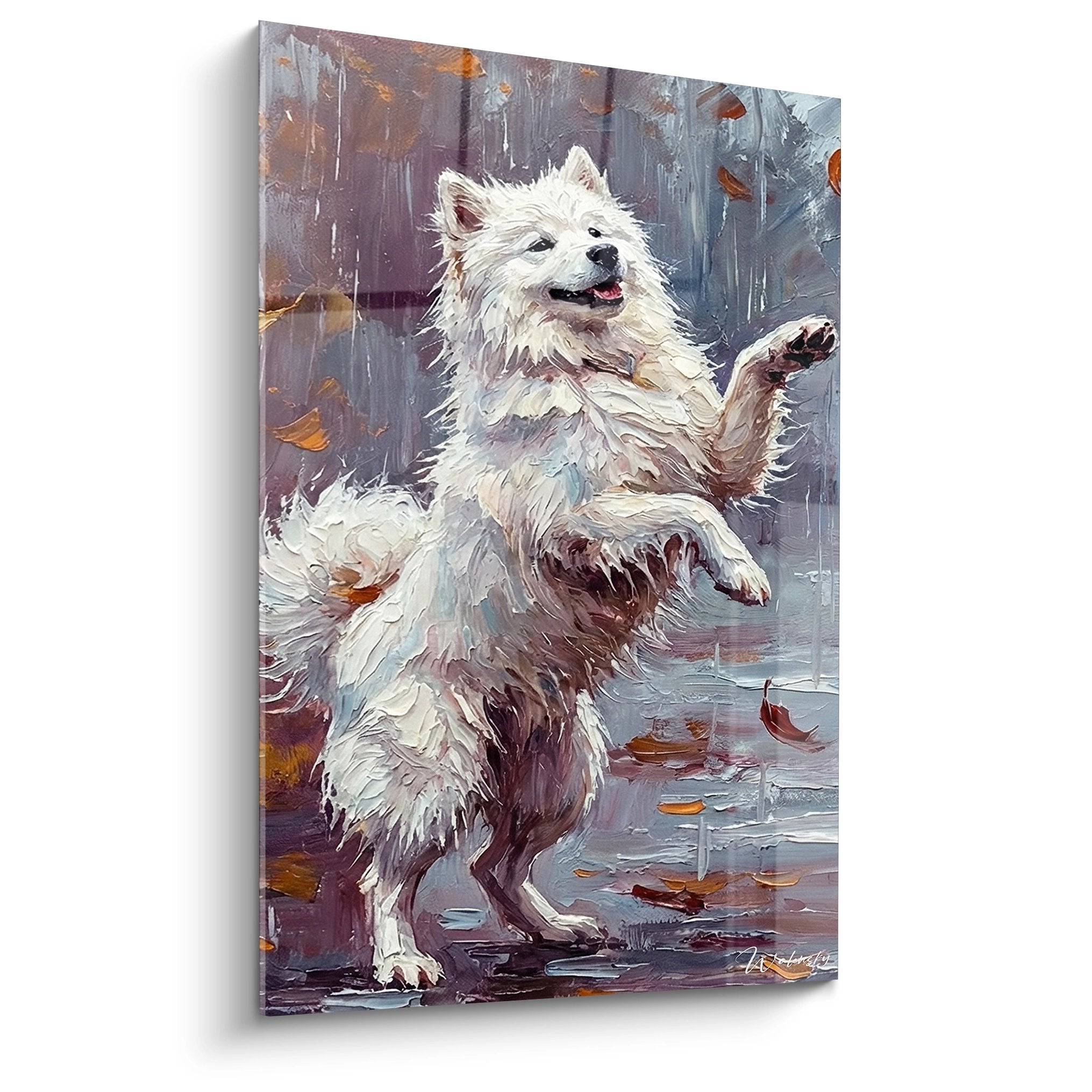 Tableau peinture Samoyède blanc bondissant joyeusement sous la pluie automnale, style artistique expressif