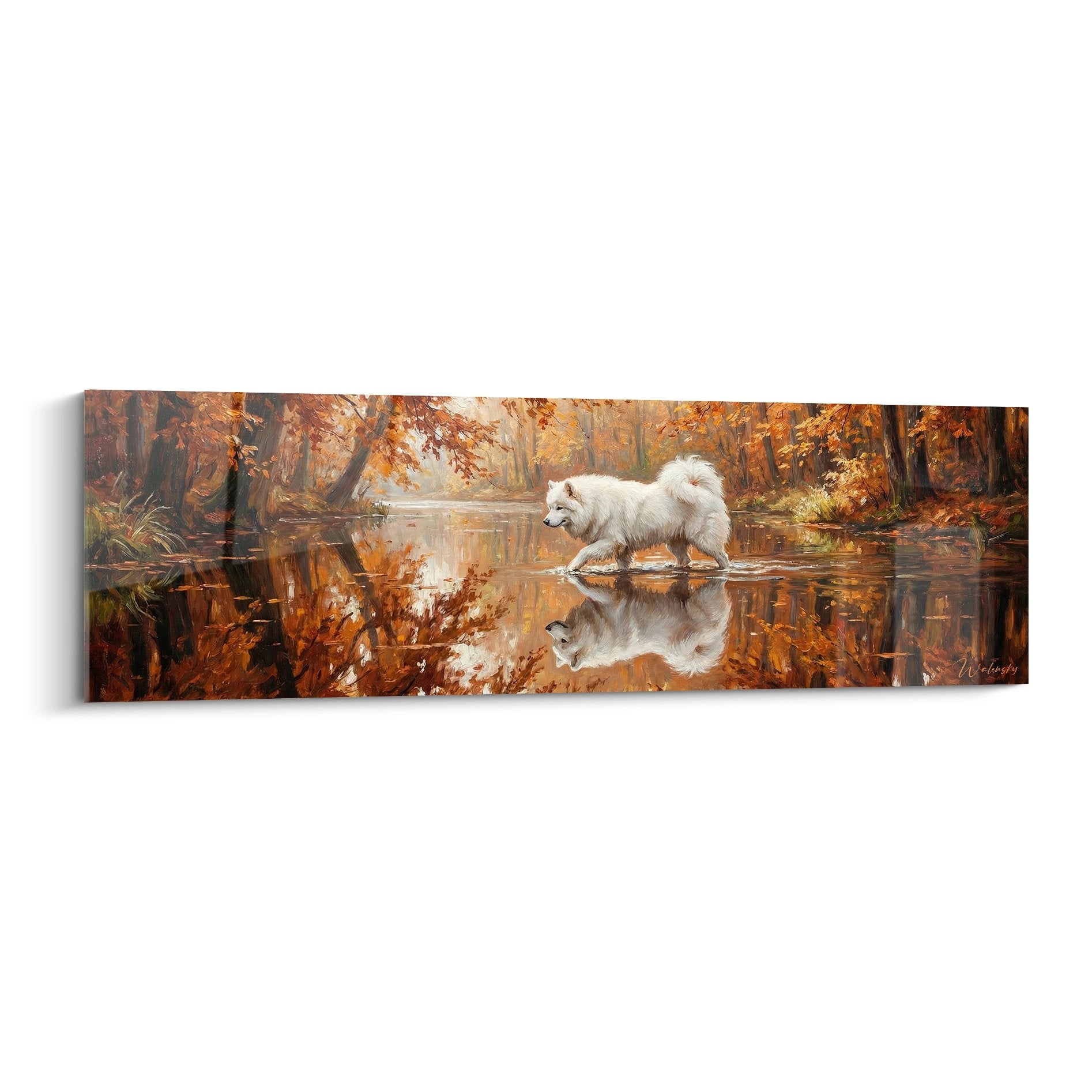 Tableau chien blanc Samoyede traversant cours d eau foret automnale reflets dores peinture realiste