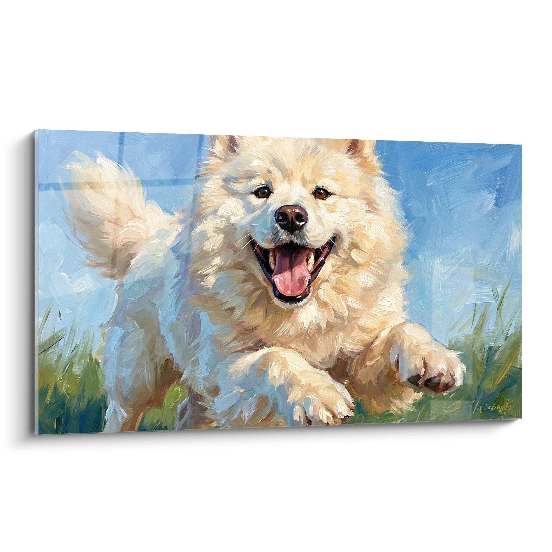 Tableau peinture Samoyede blanc bondissant joyeusement langue rose sortie sur fond ciel bleu herbe verte art canin