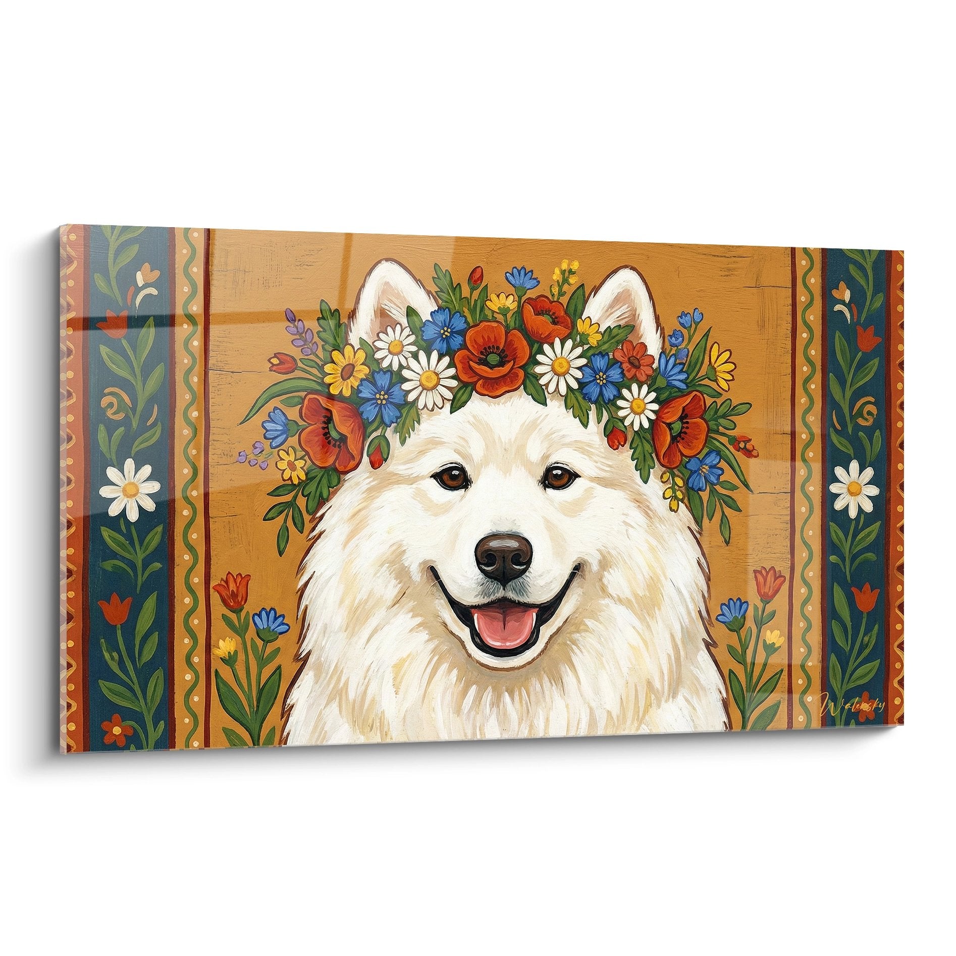 Portrait de Samoyede blanc avec couronne de fleurs colorées sur fond bois style folk décoratif bordures florales