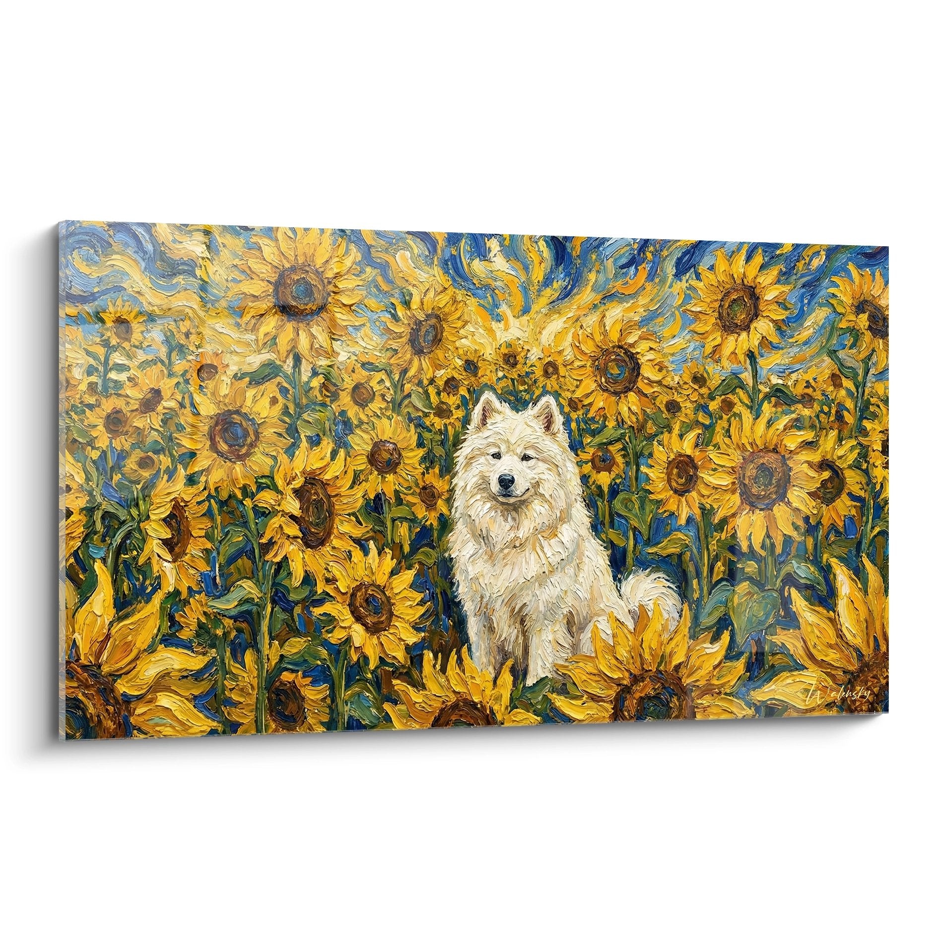 Tableau Samoyède blanc dans champ de tournesols dorés style post-impressionniste ciel bleu turquoise