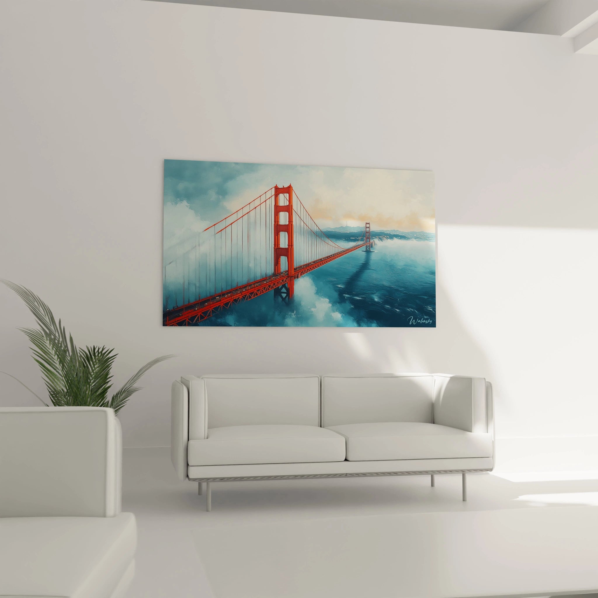 Un tableau pont Golden Gate capturant la structure métallique rouge orangé qui s'étend au-dessus des eaux bleues mouvementées, avec une perspective aérienne et un traitement atmosphérique créant un effet de brume partielle.