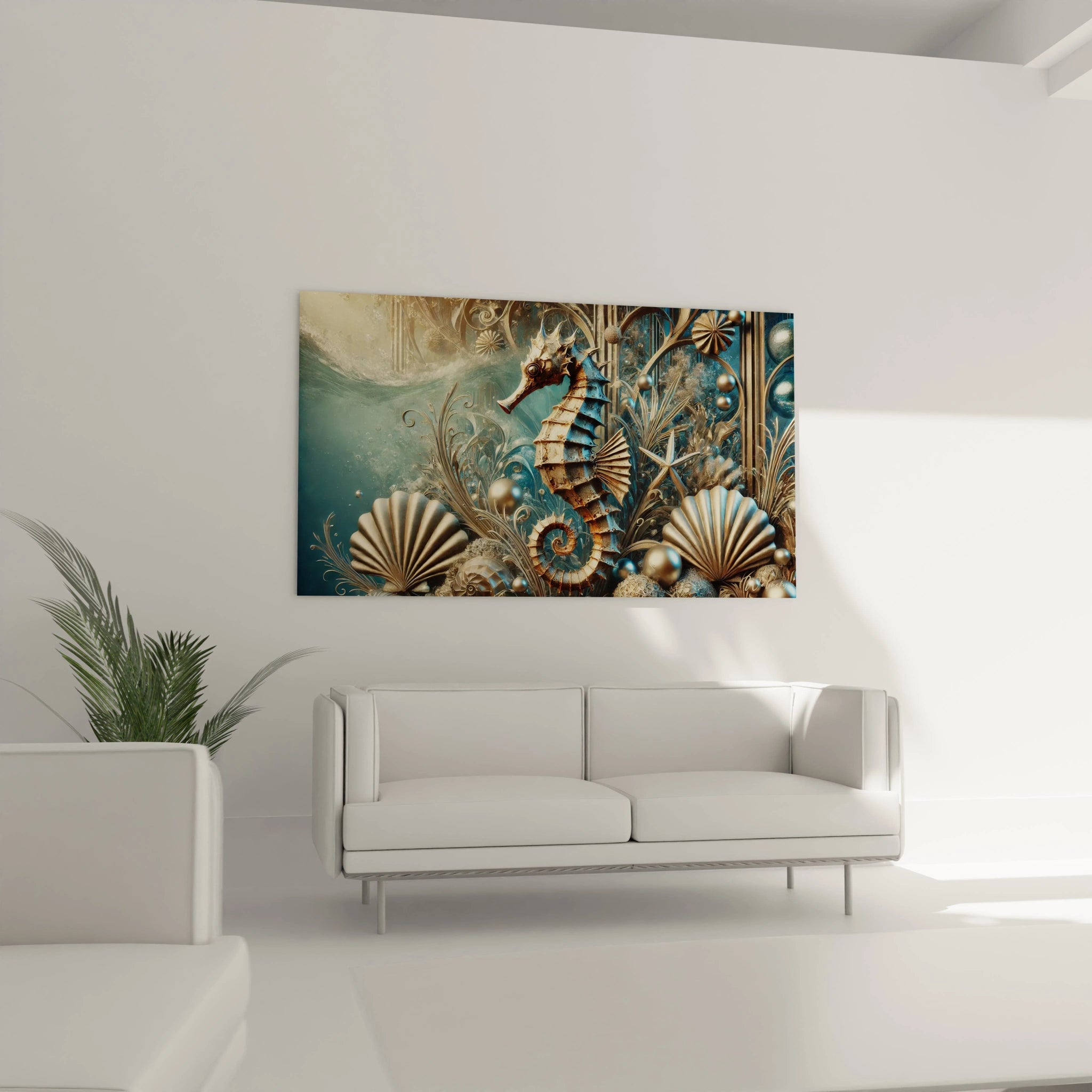 Sublime tableau hippocampe accroché dans un salon au-dessus du canapé, offrant une ambiance marine captivante. Les teintes bleues et bronze apportent raffinement et élégance à votre décoration intérieure.