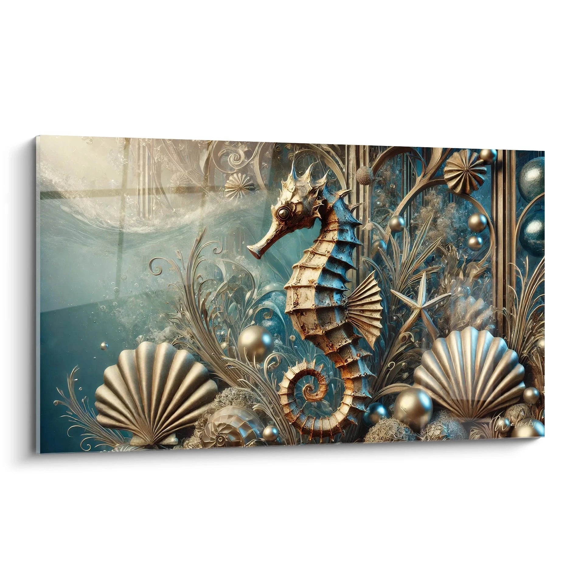 Tableau hippocampe spectaculaire avec des détails soignés, capturant la beauté marine. Couleurs bronze, beige et bleu-vert, parfait pour apporter une touche de luxe et de raffinement marin à votre espace.