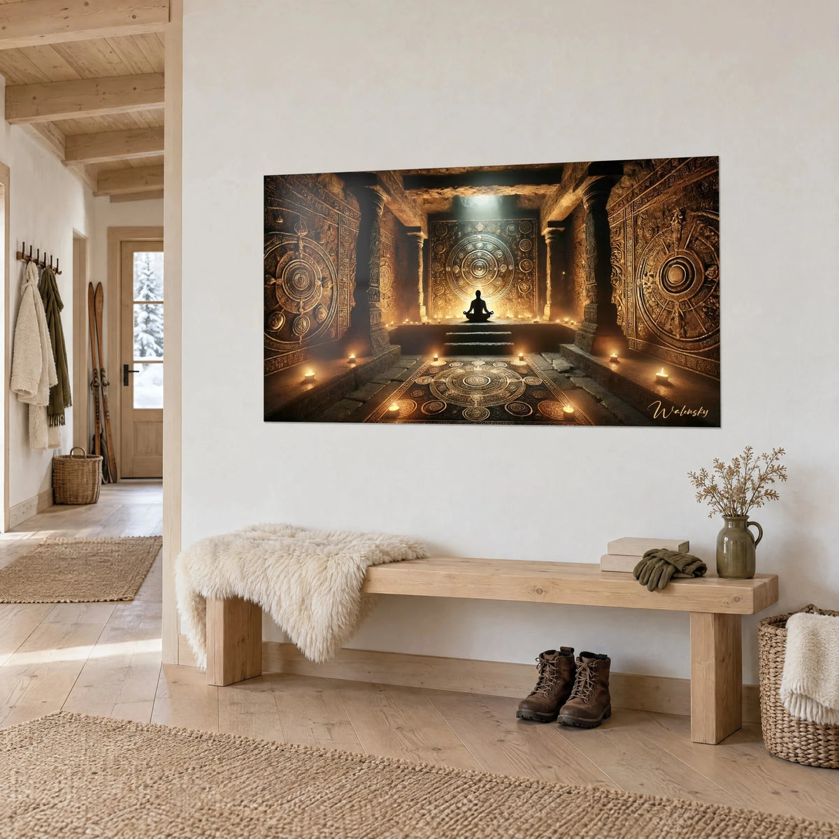 Wall art carved stone temple with copper and amber reflections, meditating black figure at the centre, hung on a white chalet wall
