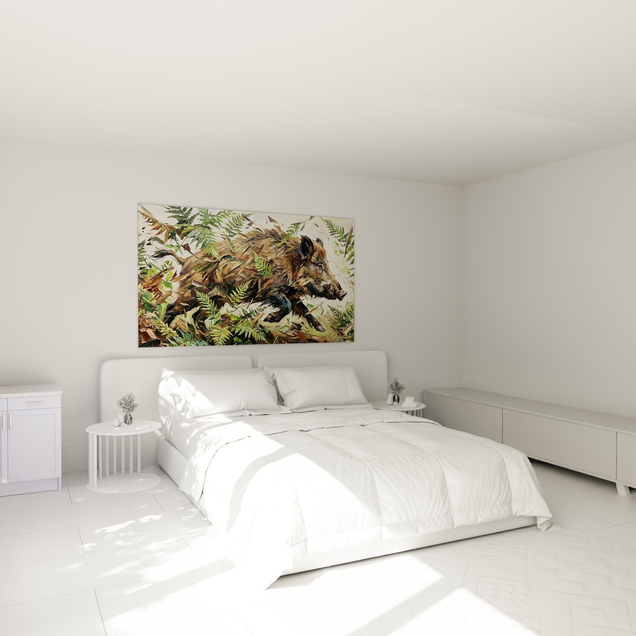 Wild boar ferns wall art decorating bedroom in natural tones, wildlife mural art, authentic nature decor