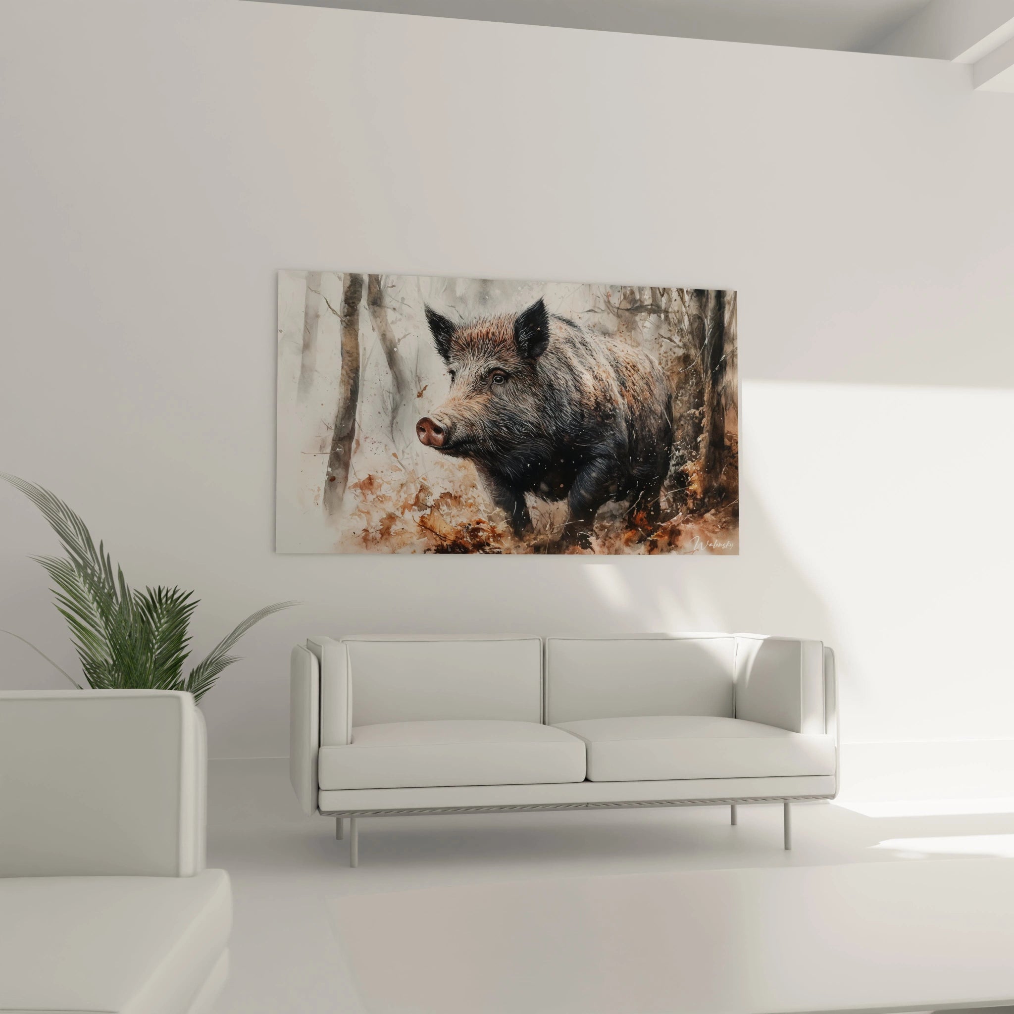 Un tableau sanglier hyperréaliste montrant la tête et les épaules de l'animal en milieu forestier. Contraste saisissant entre la précision du pelage noir et marron et le traitement impressionniste du fond beige et gris aux textures aquarellées.