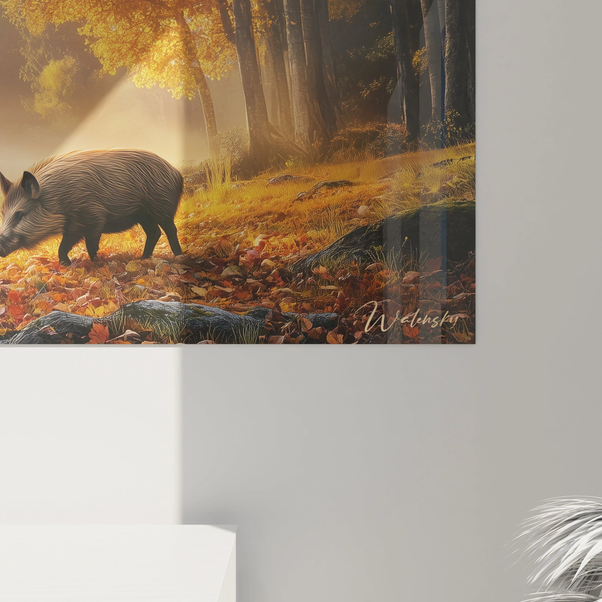 Tableau sanglier Walensky représentant un sanglier dans une forêt aux couleurs d'automne avec lumière dorée
