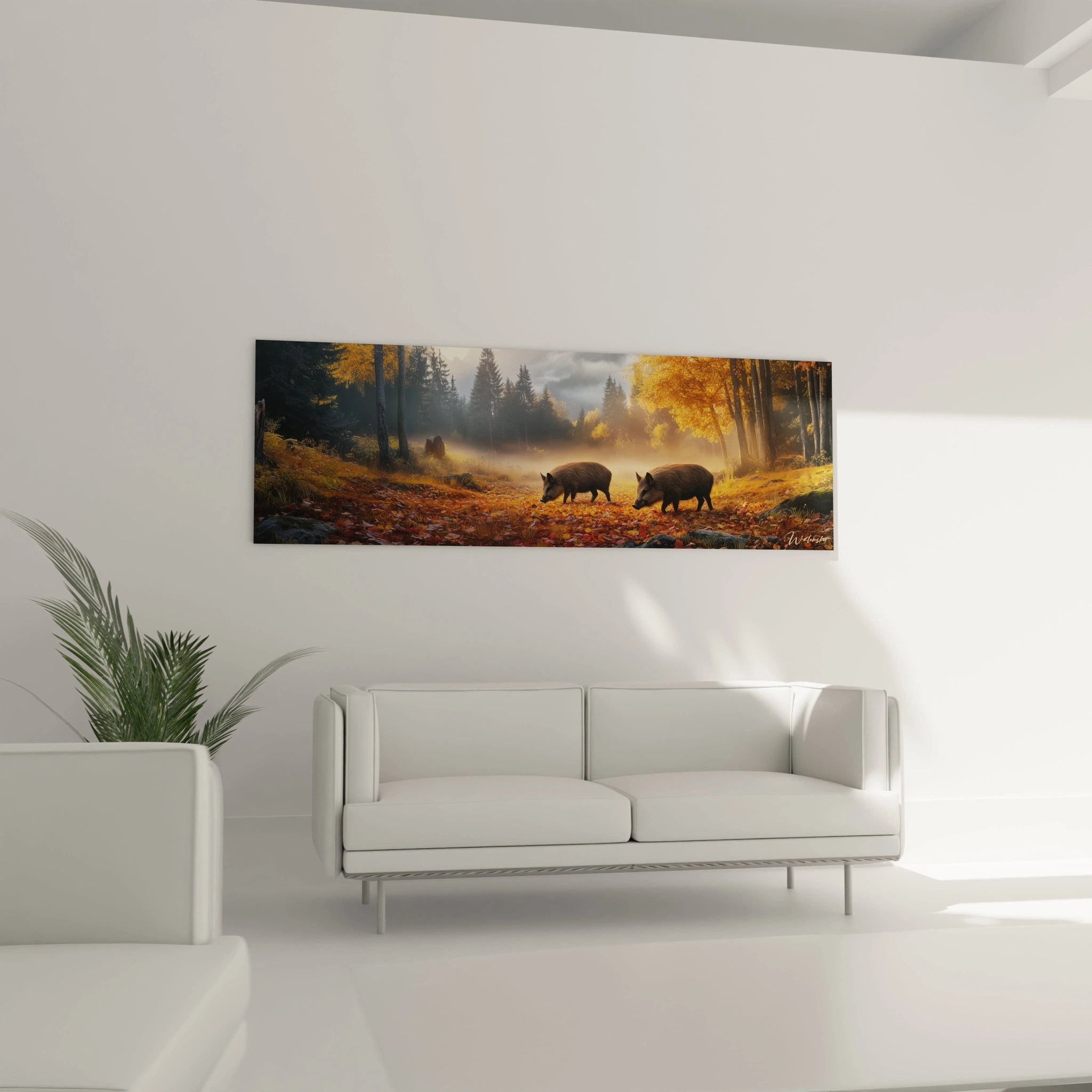 Tableau sanglier Walensky avec deux sangliers dans une forêt automnale aux couleurs chaudes