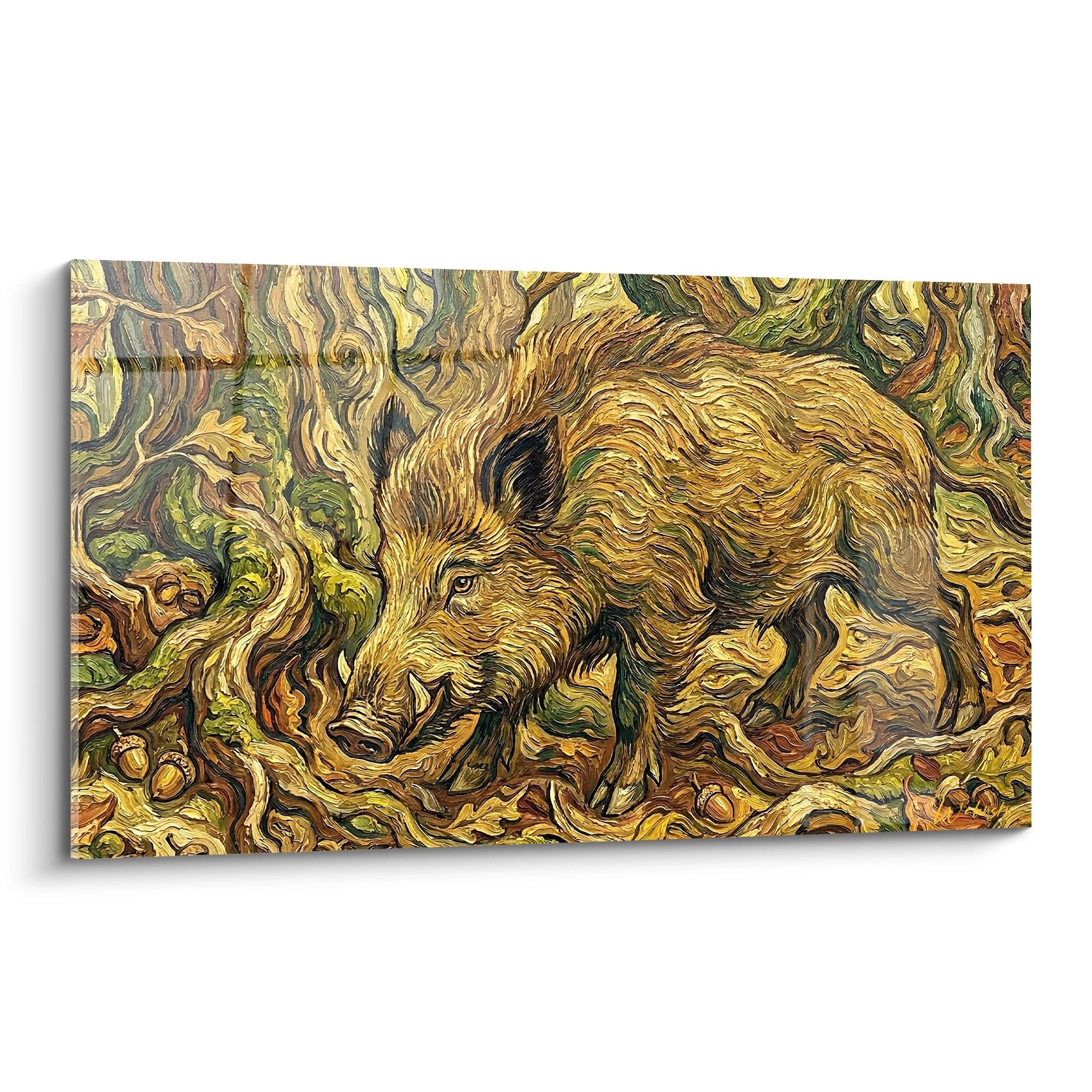 Artistic wild boar painting with golden swirls post-impressionist style warm ochre tones