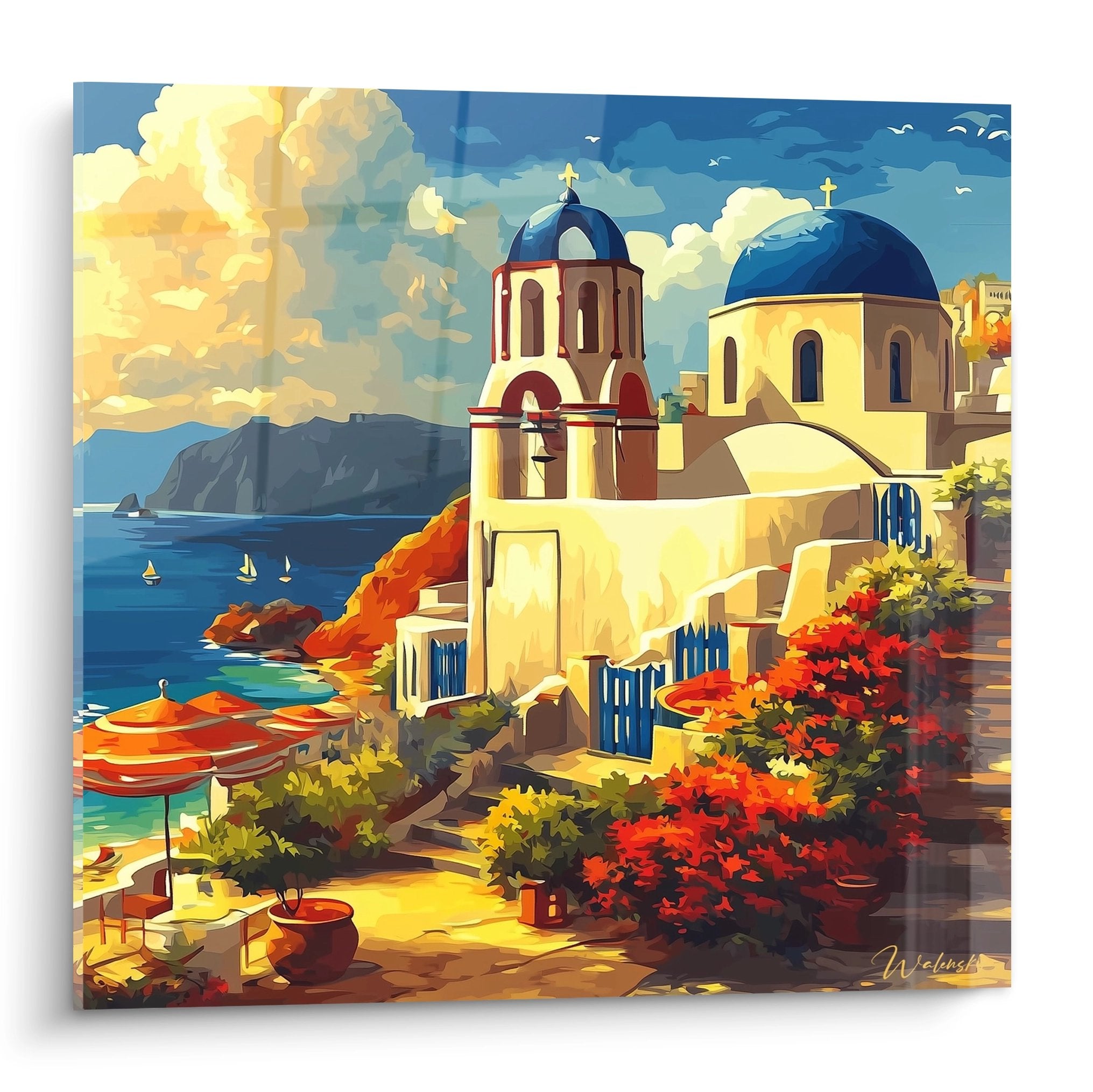 Tableau mural Santorini église orthodoxe dômes bleus mer Égée bougainvilliers architecture grecque