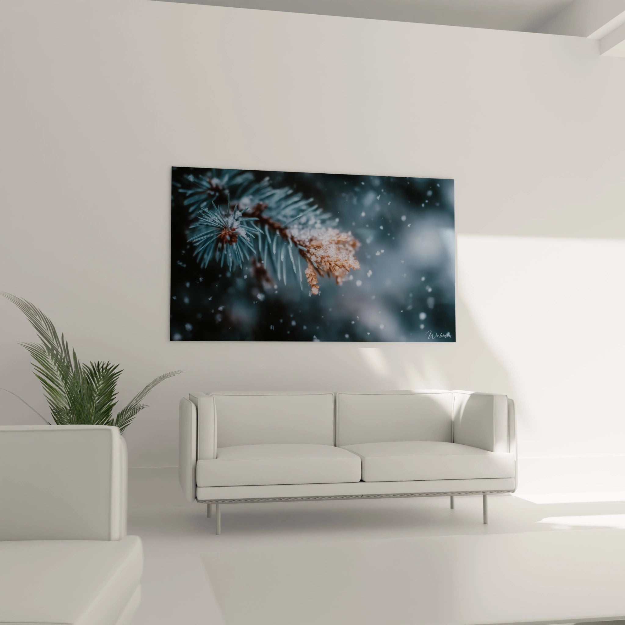 Walensky tableau sapin hivernal aiguille cristallisée sur toile murale gros plan branche de pin enneigée avec flocons