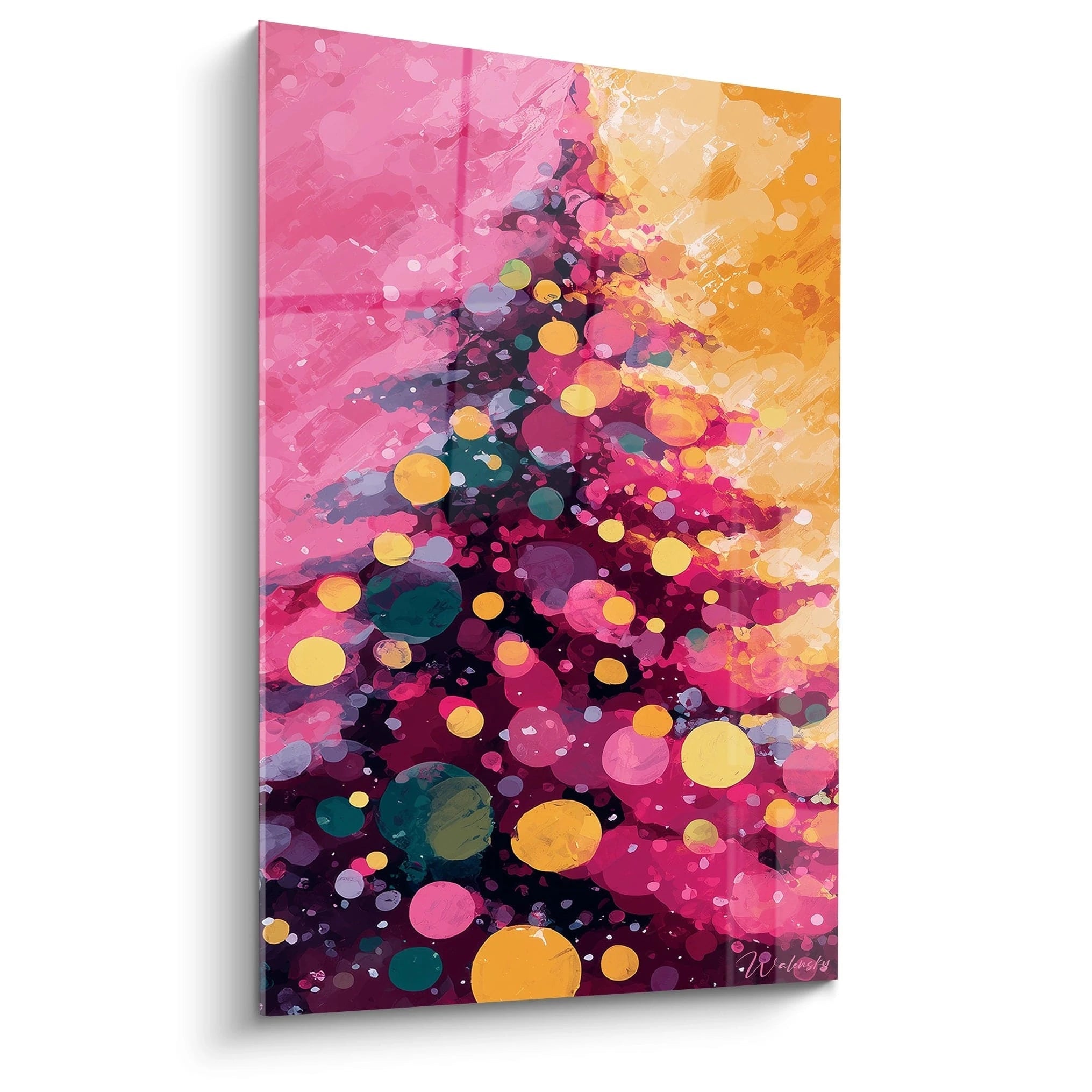 Tableau mural sapin de Noël rose et or avec des motifs colorés éclatants