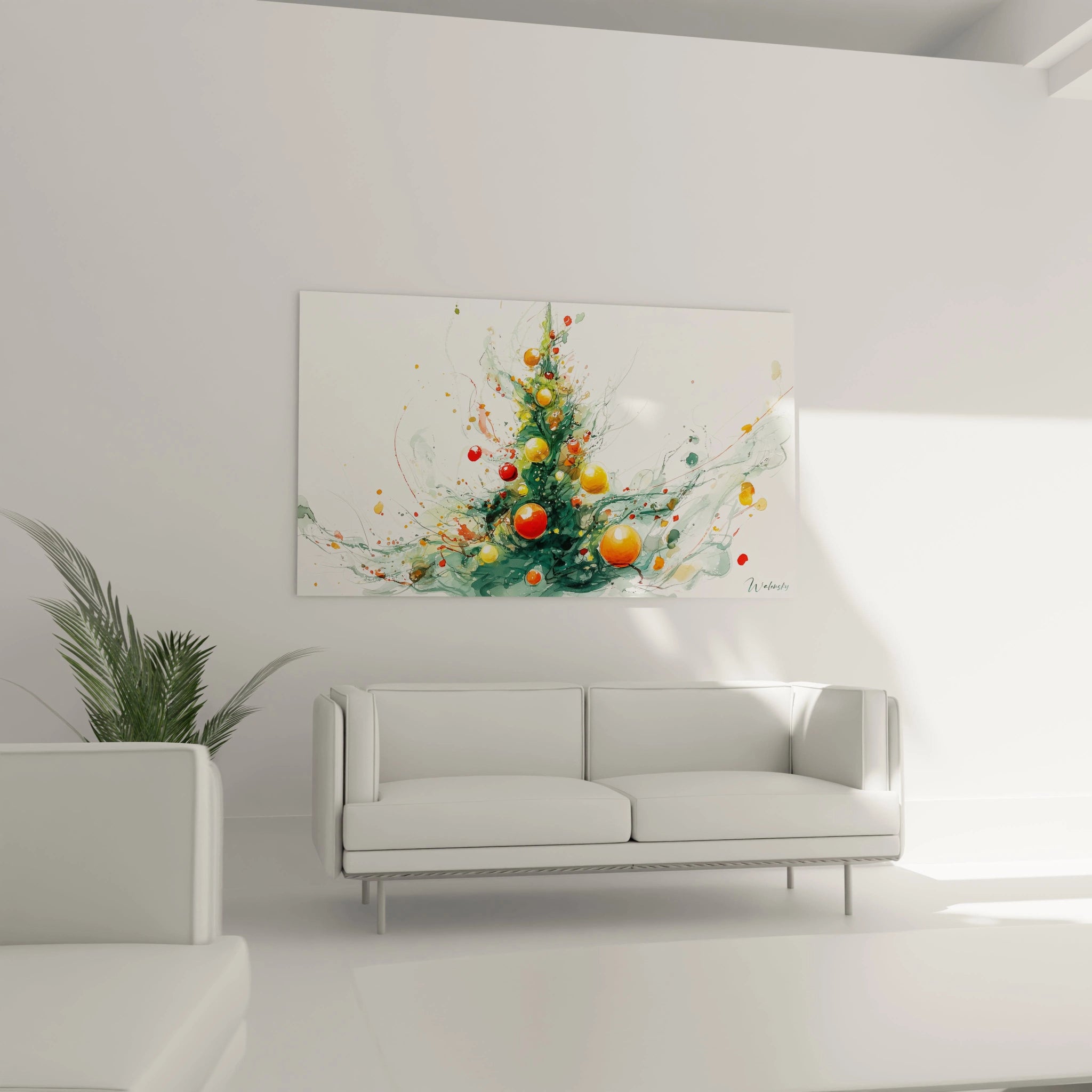 Tableau sapin de Noël moderne avec couleurs vives dans un salon contemporain