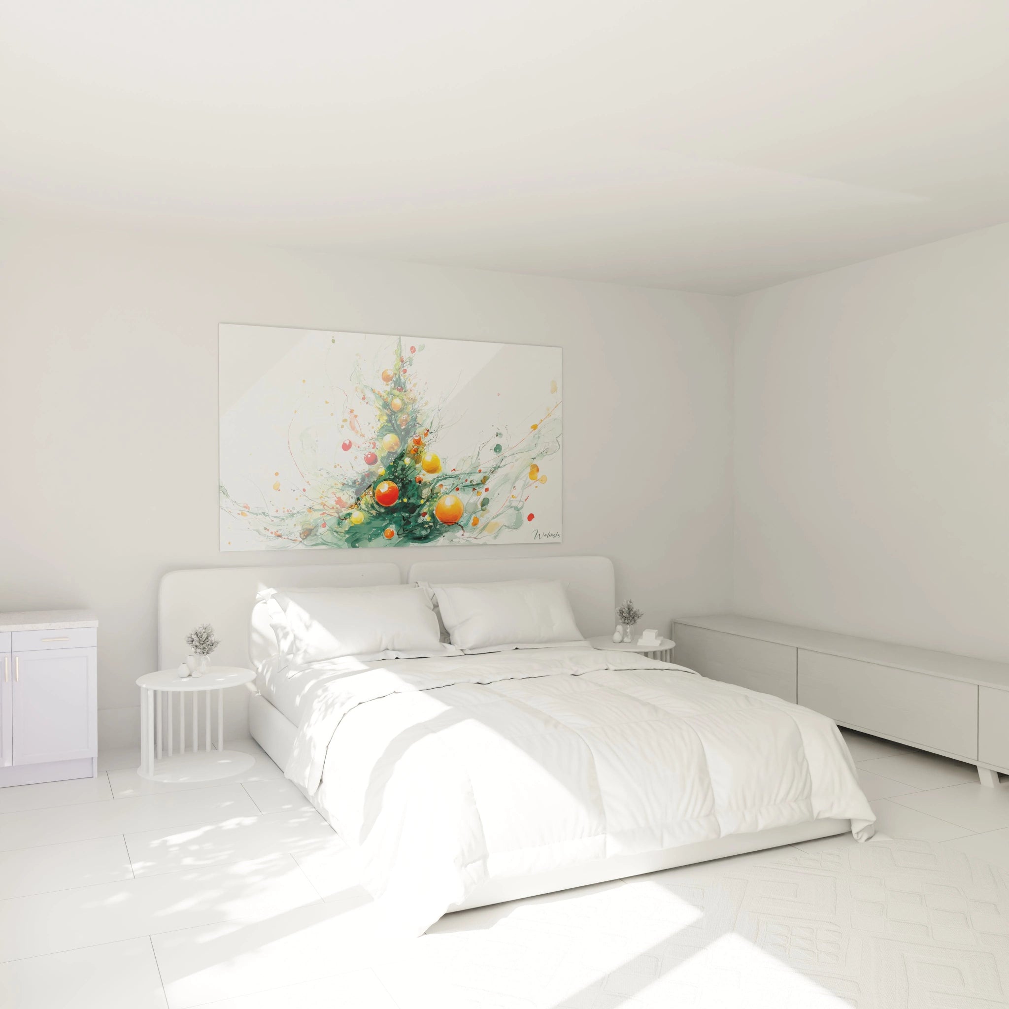 Tableau mural sapin de Noël moderne décorant une chambre lumineuse et minimaliste