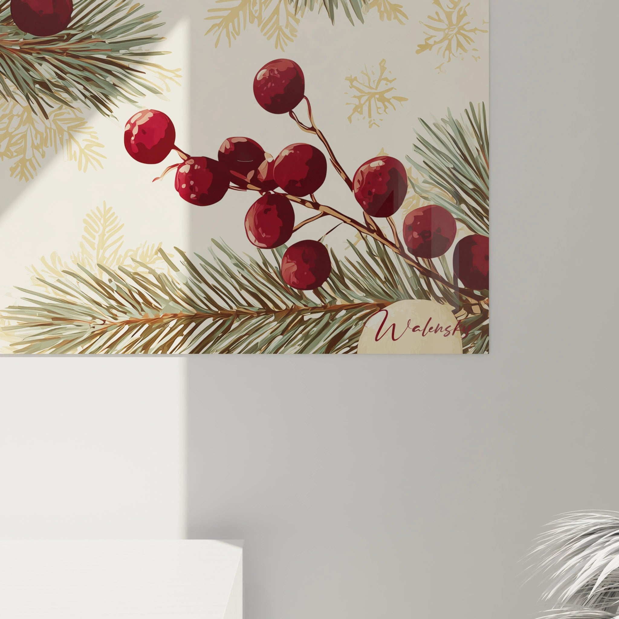 Tableau mural sapin de Noël avec des branches de pin et des baies rouges pour une décoration festive