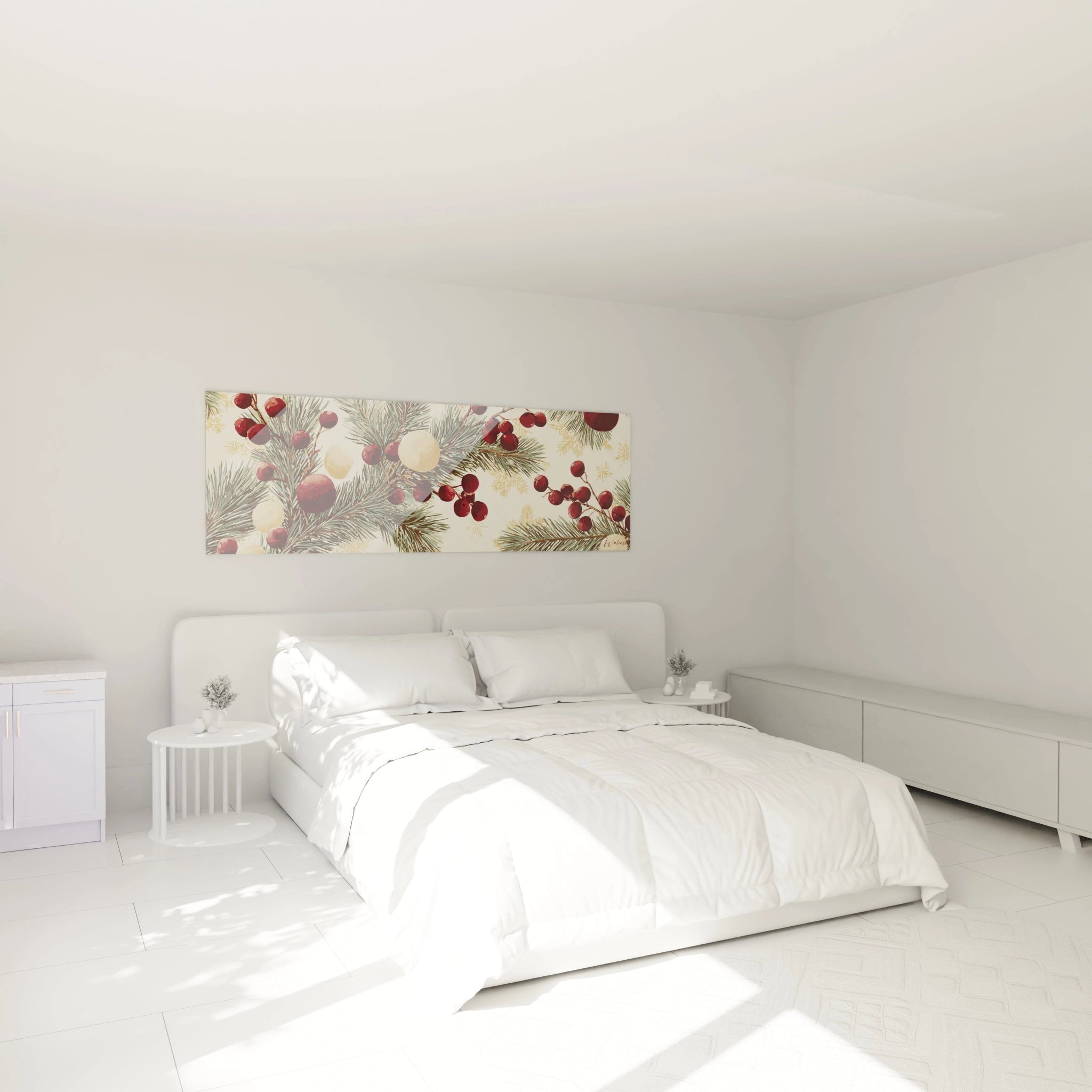 Tableau mural sapin de Noël décoratif avec des boules rouges et des branches de pins pour une ambiance festive