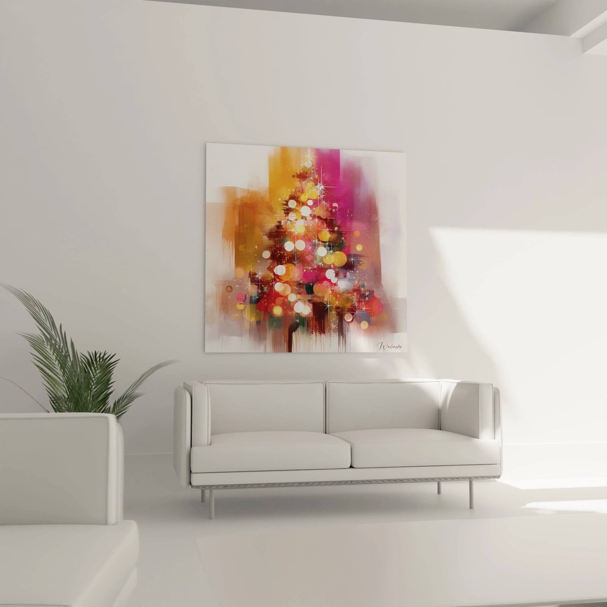 Tableau sapin de Noël moderne de Walensky avec des couleurs vives et des lumières festives