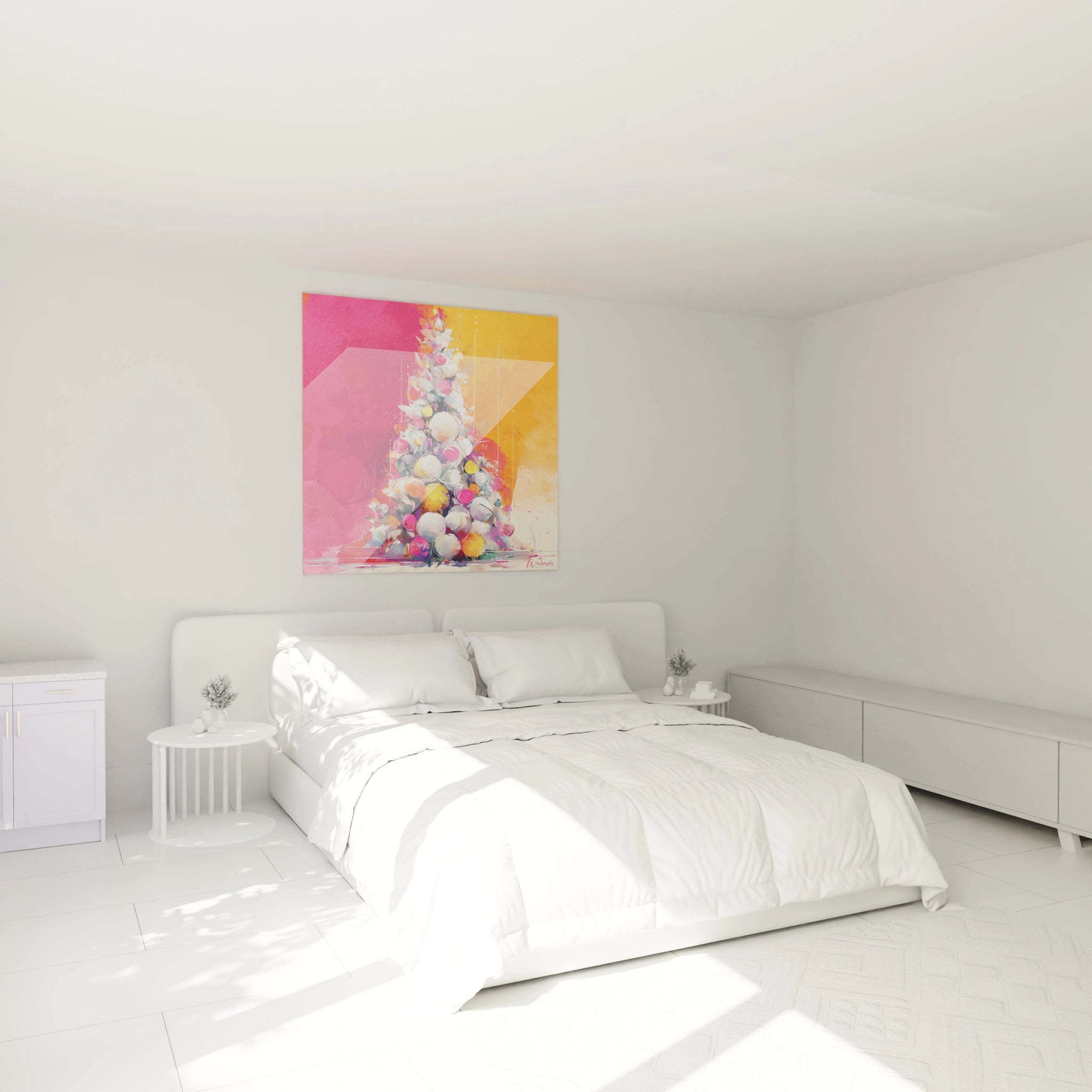 Tableau sapin de Noël coloré de Walensky avec des décorations vives dans une chambre moderne