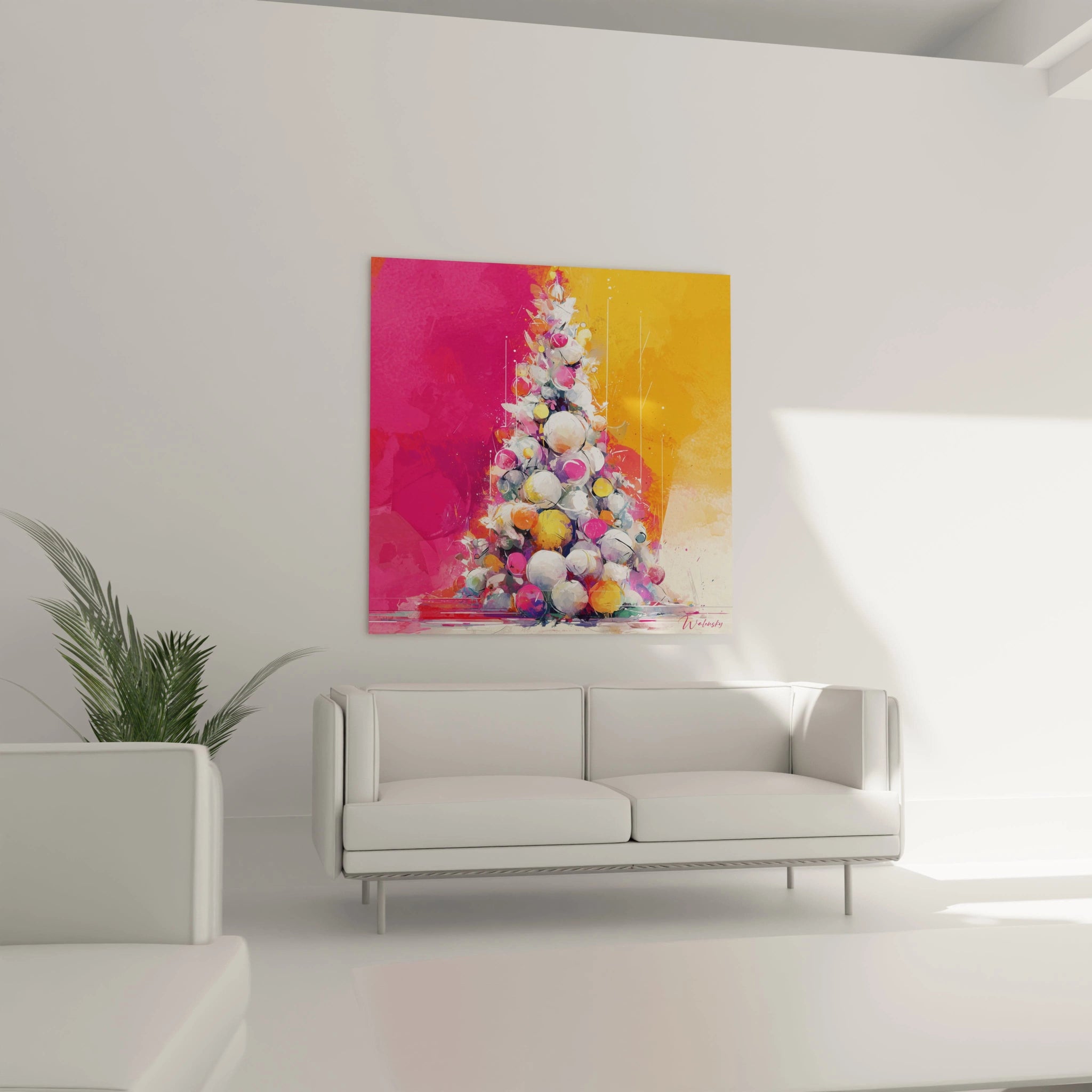 Tableau mural sapin de Noël coloré avec des roses et des cœurs décoratifs sur un fond vibrant