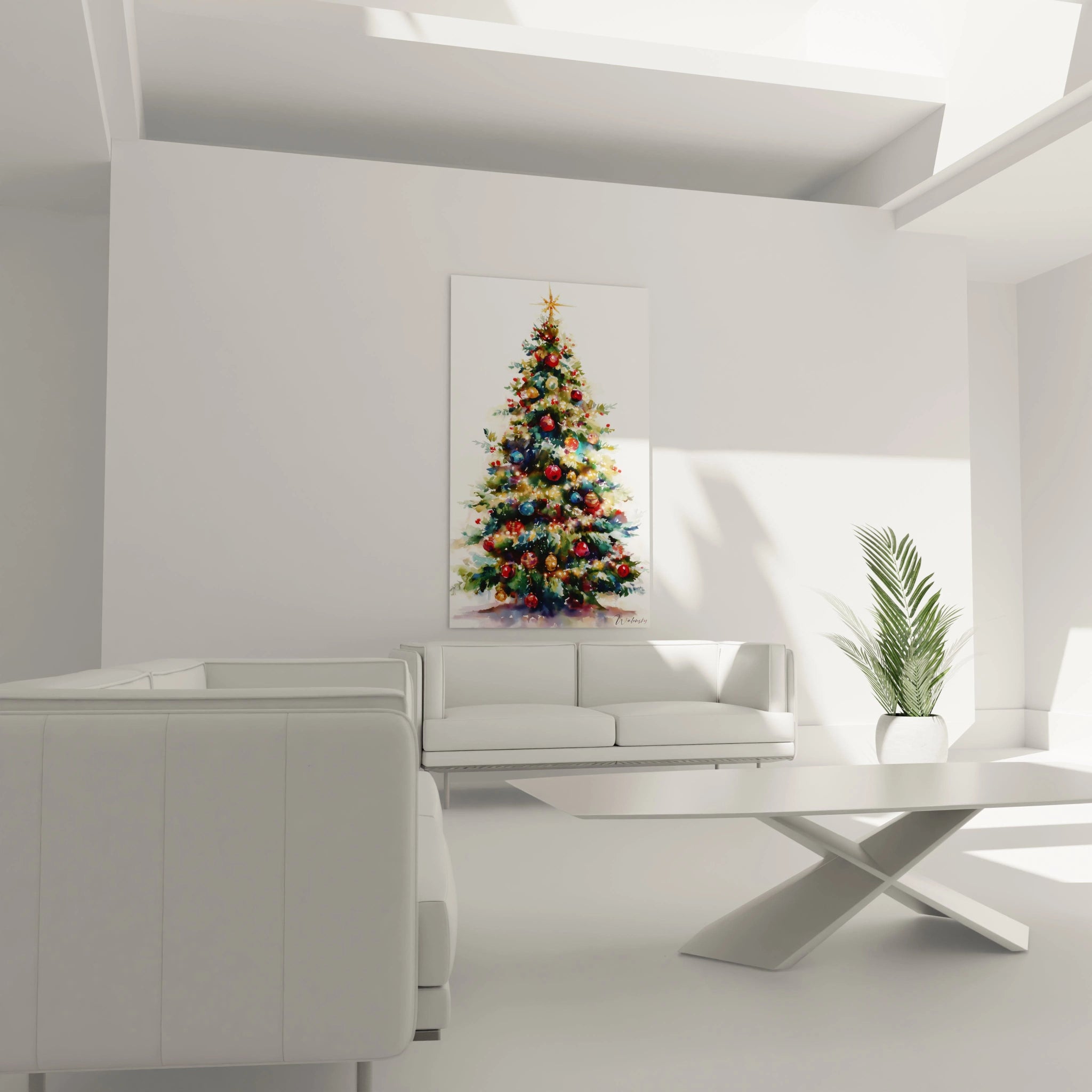 Tableau sapin de Noël mural de Walensky avec décorations colorées dans un salon moderne