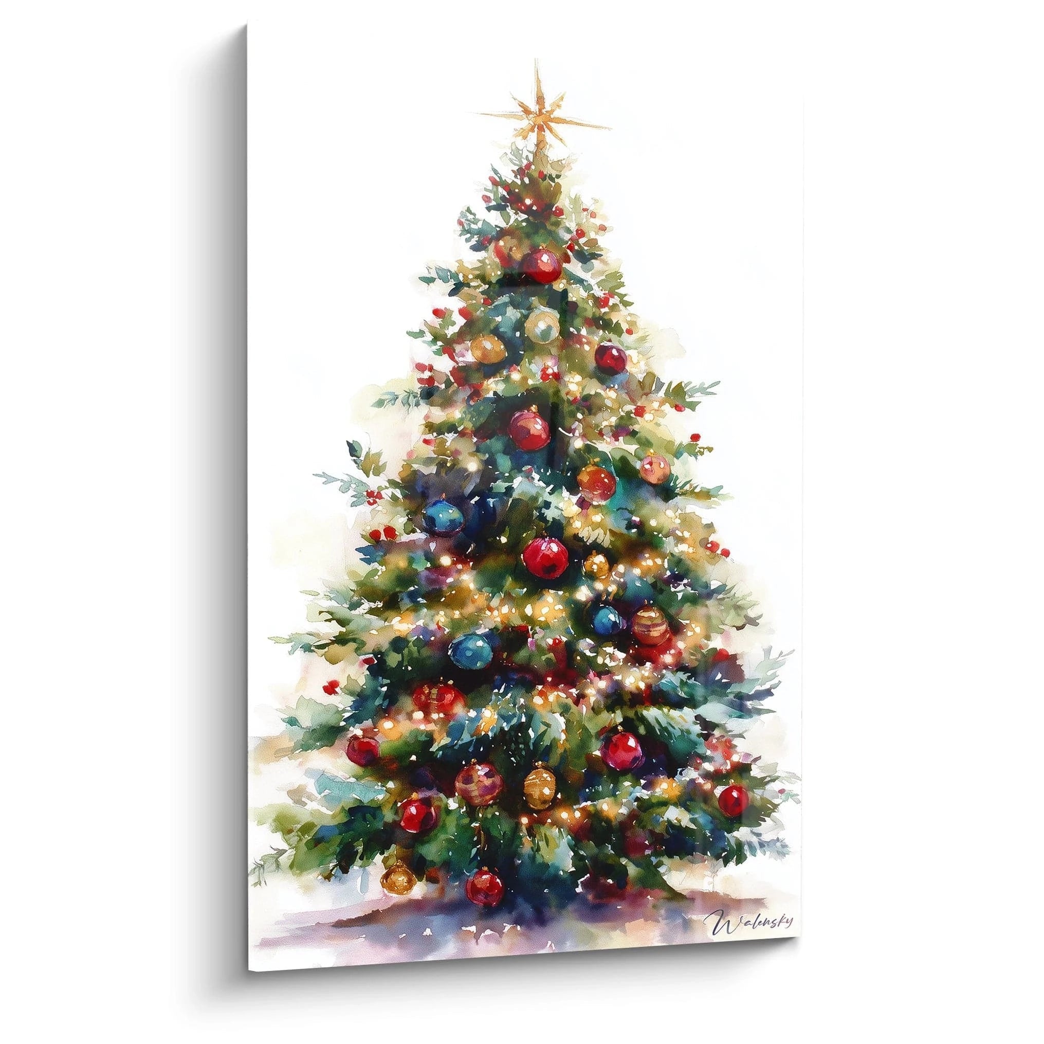 Tableau sapin de Noël mural coloré avec décorations lumineuses et étoile au sommet