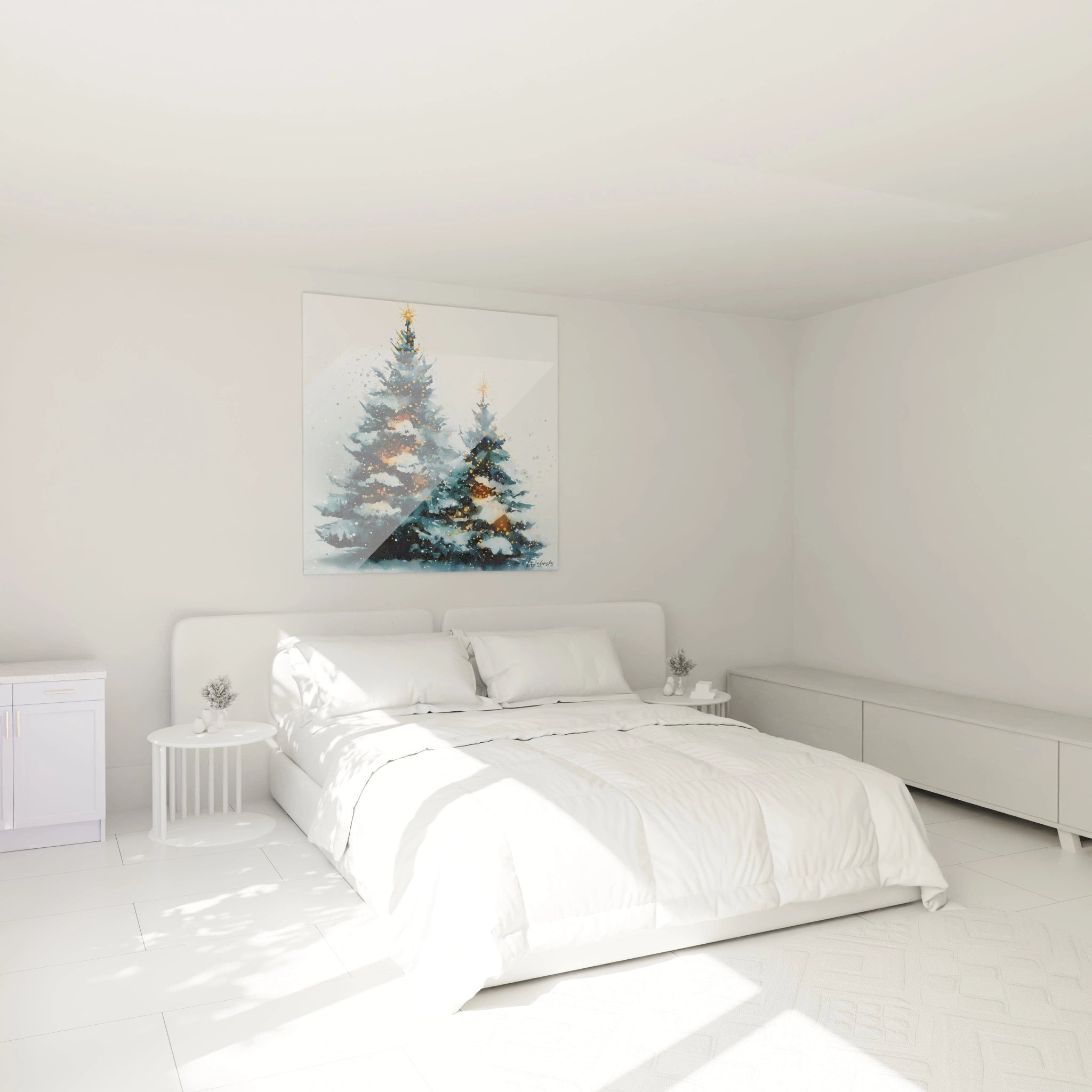 Tableau sapin de Noël décoratif dans une chambre moderne avec un lit blanc et des meubles clairs