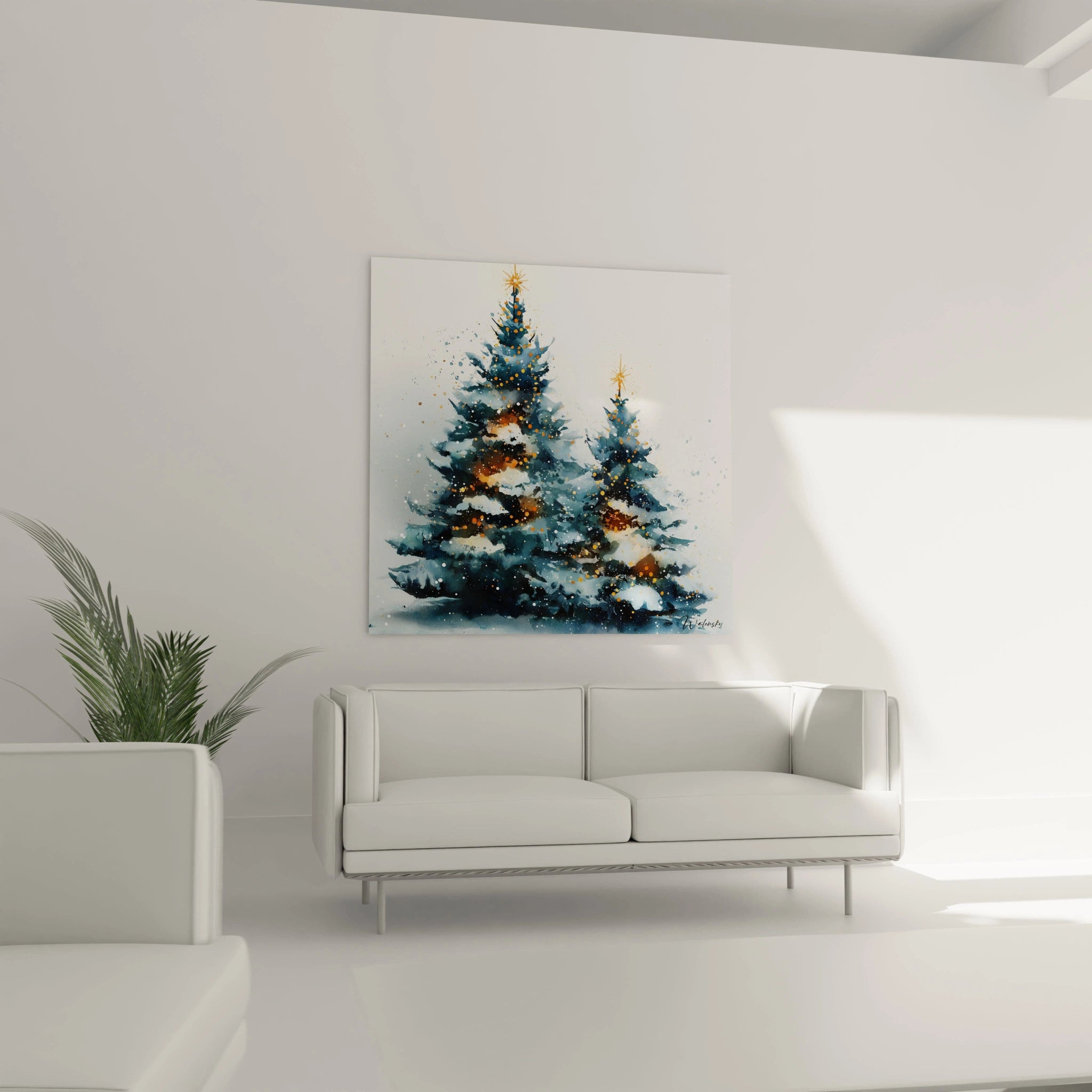 Tableau mural sapin de Noël avec des arbres décorés en aquarelle sur un mur moderne